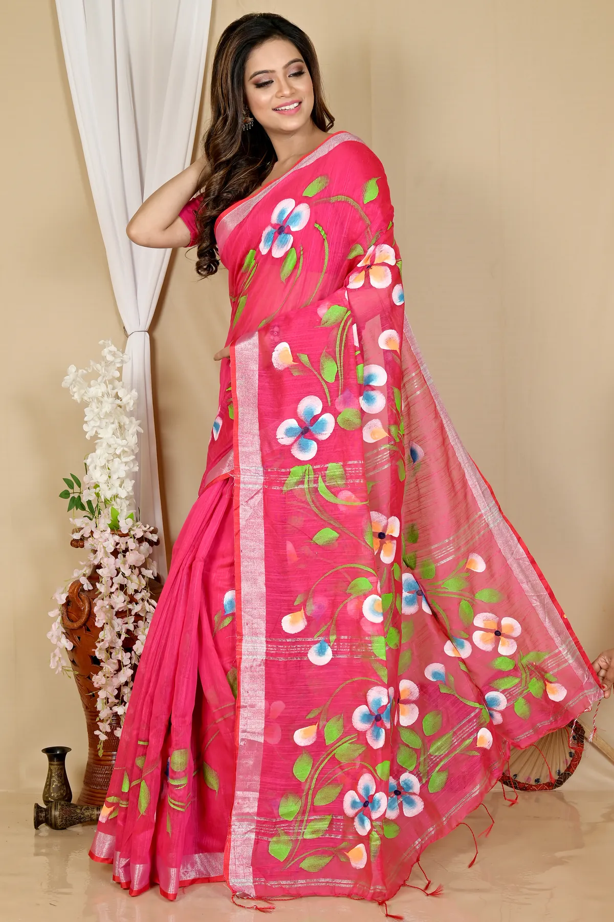 DipDiya Blended Cotton Pink Tanikato Regal Bengali Hand Painted Sarees