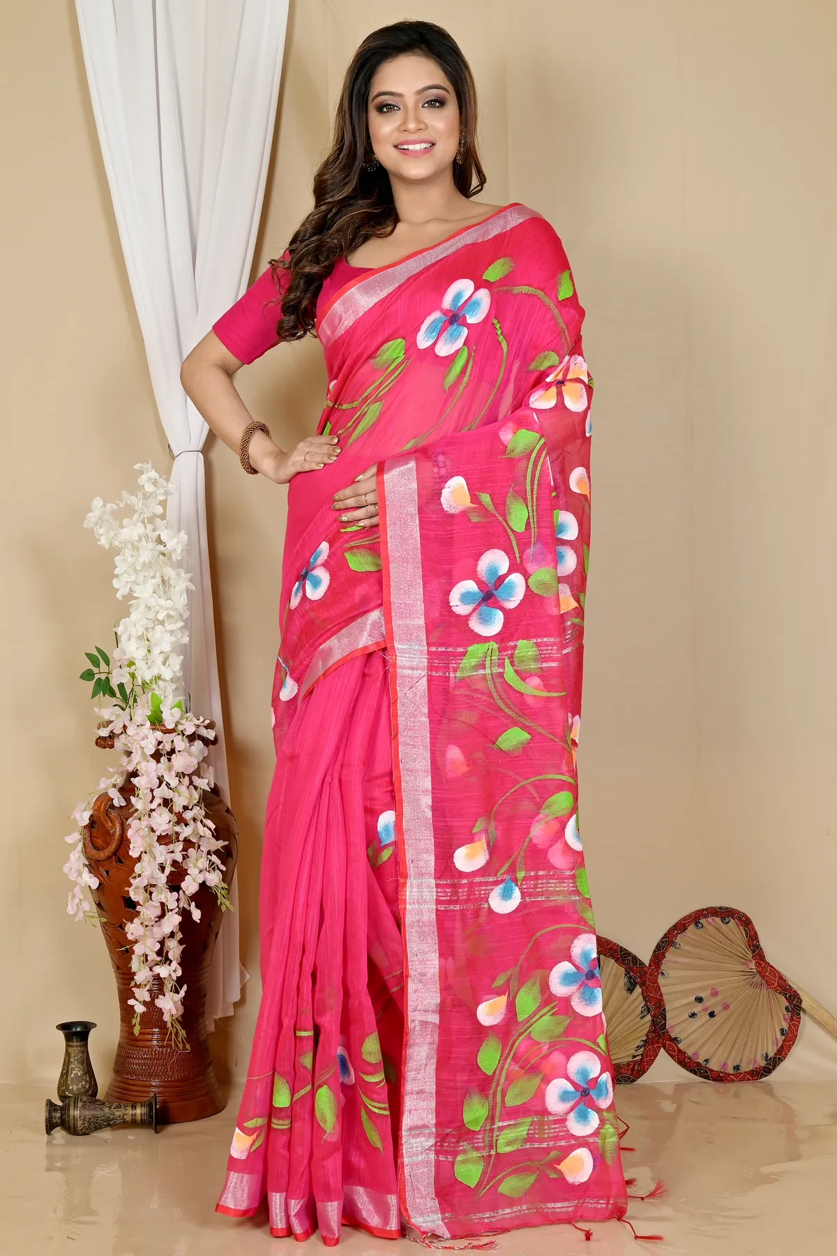 DipDiya Blended Cotton Pink Tanikato Regal Bengali Hand Painted Sarees