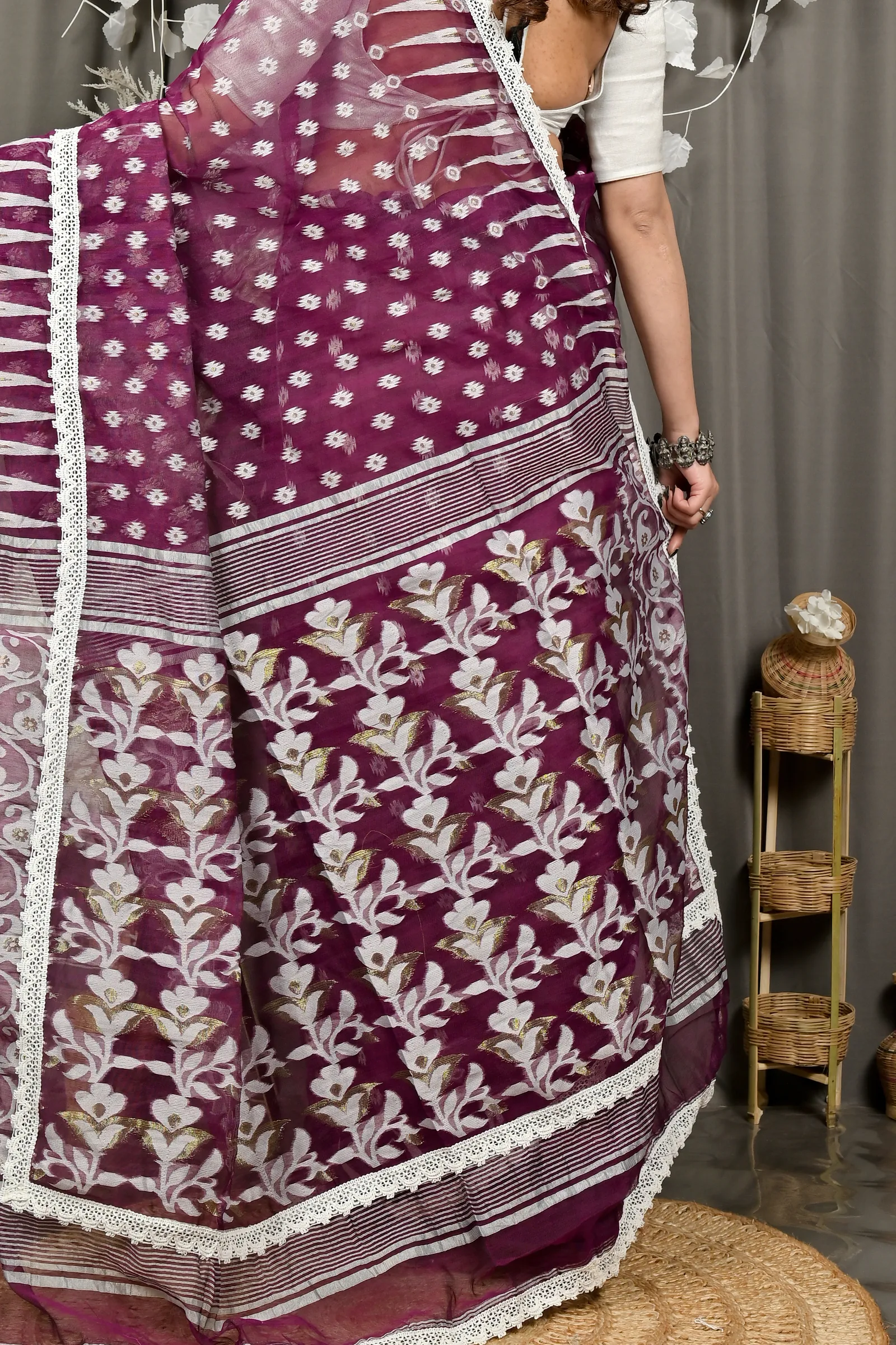 DipDiya Blended Cotton Purpel Fipui Traditional Bengali Jamdani Sarees