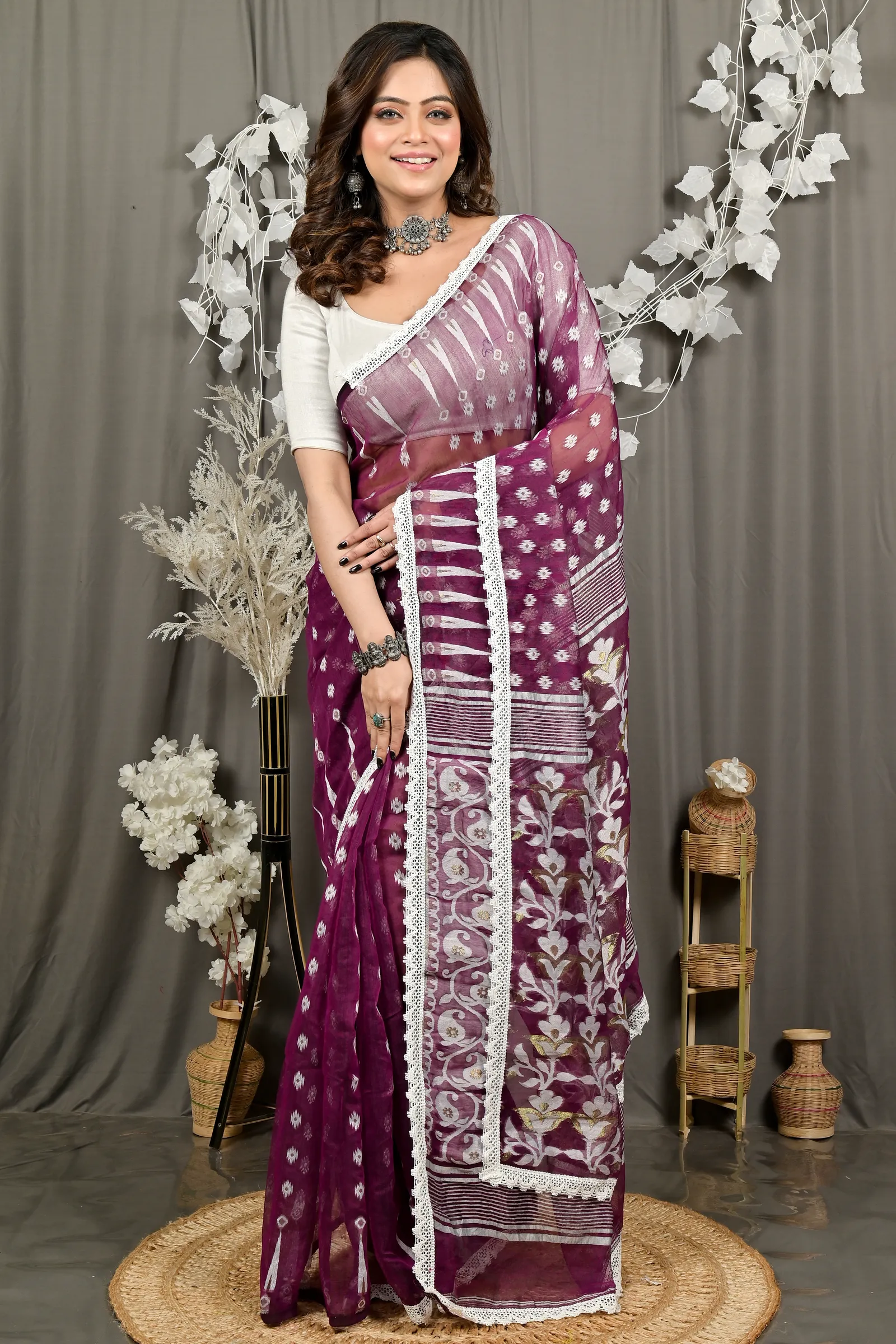 DipDiya Blended Cotton Purpel Fipui Traditional Bengali Jamdani Sarees
