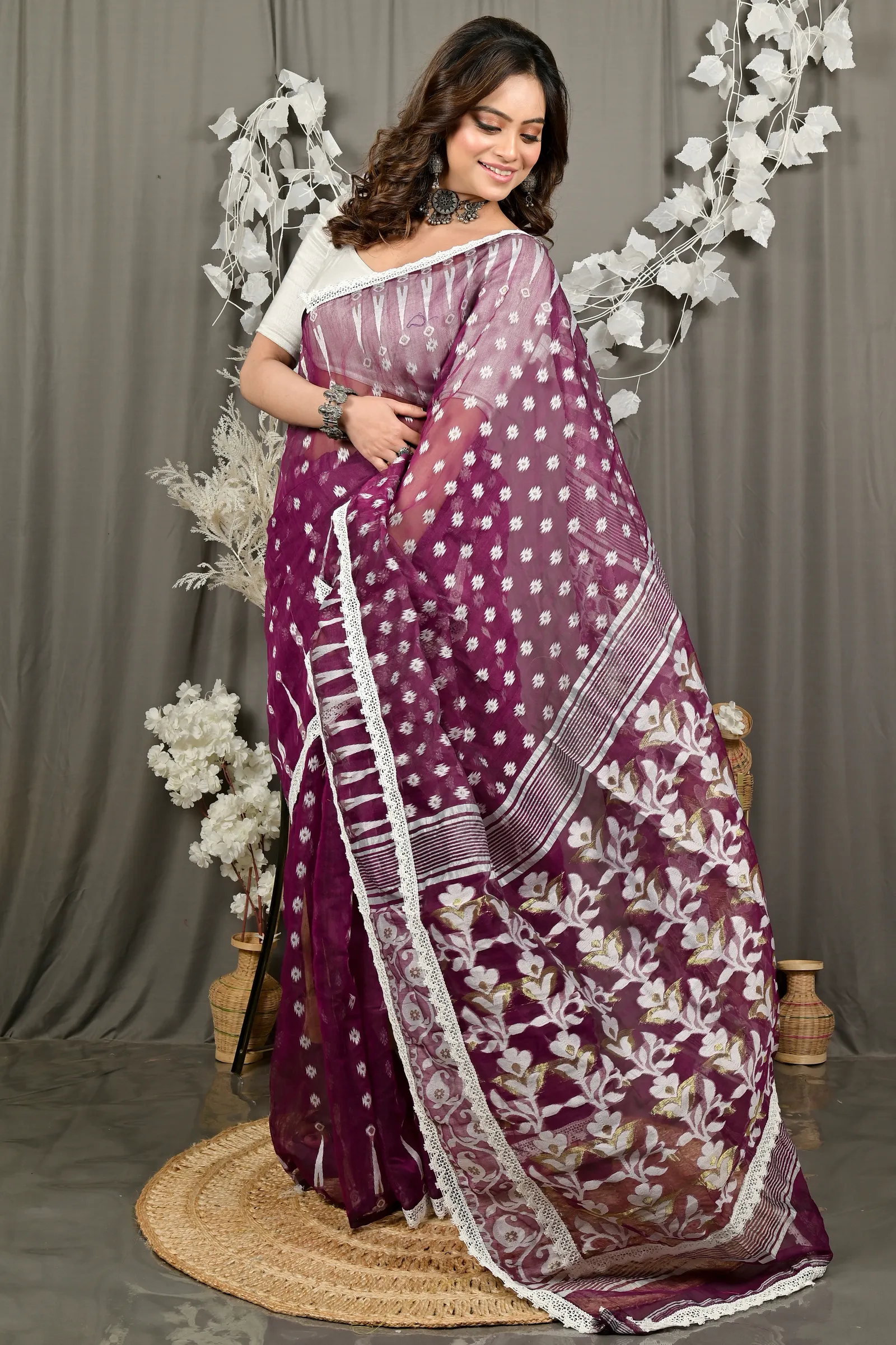 DipDiya Blended Cotton Purpel Fipui Traditional Bengali Jamdani Sarees