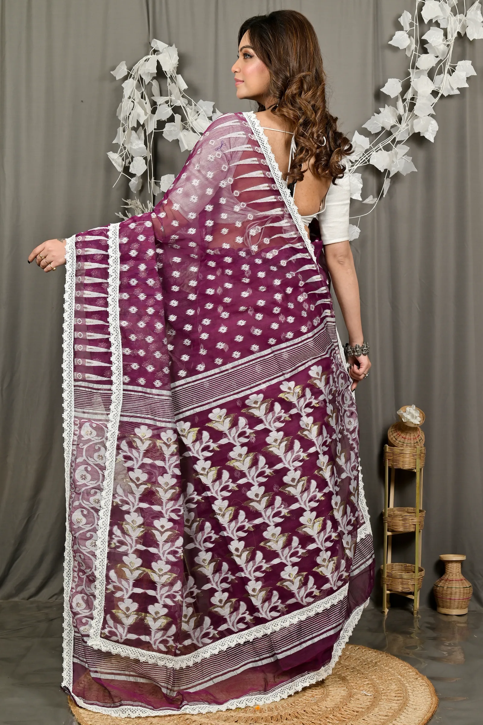 DipDiya Blended Cotton Purpel Fipui Traditional Bengali Jamdani Sarees