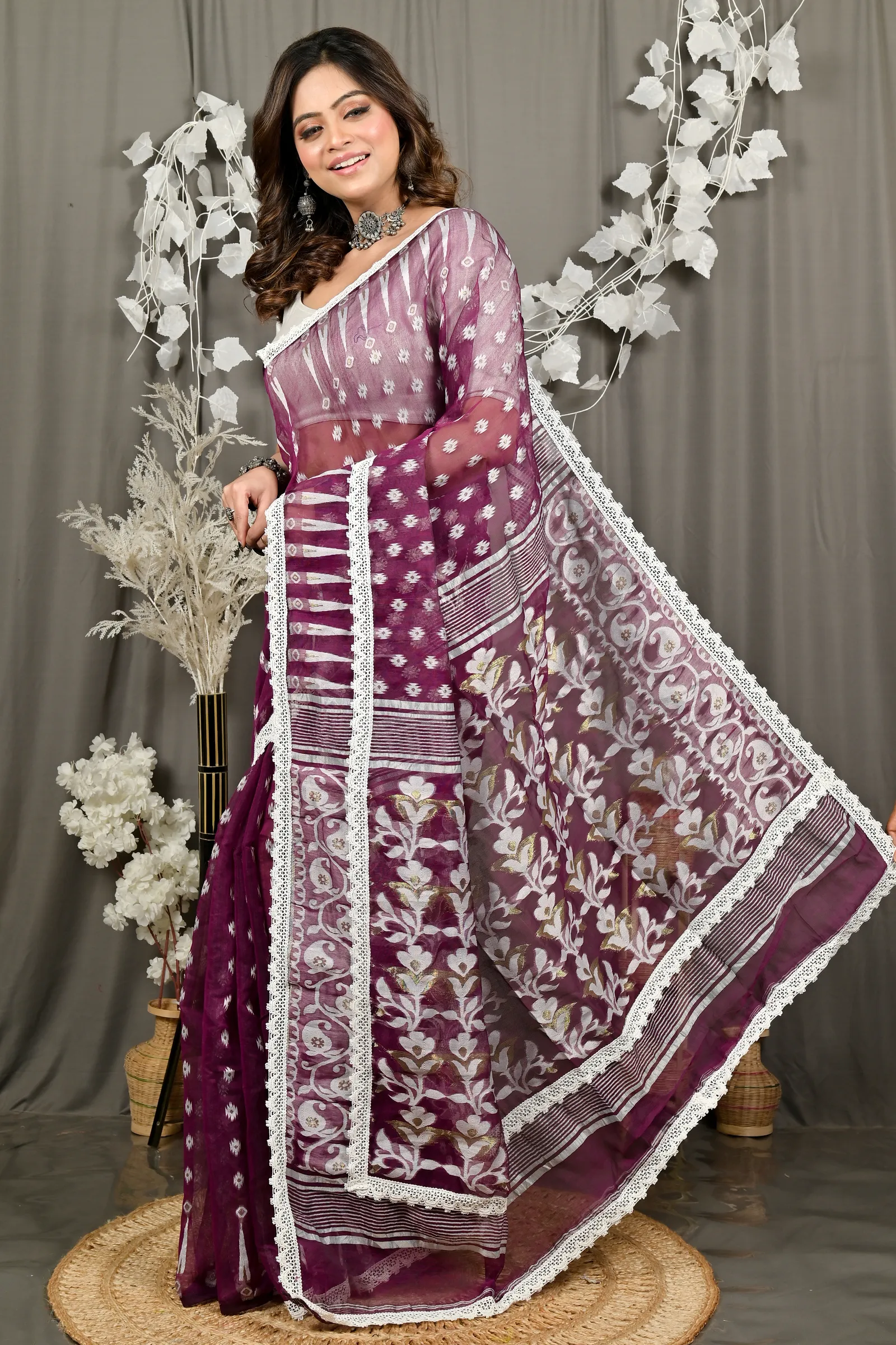 DipDiya Blended Cotton Purpel Fipui Traditional Bengali Jamdani Sarees