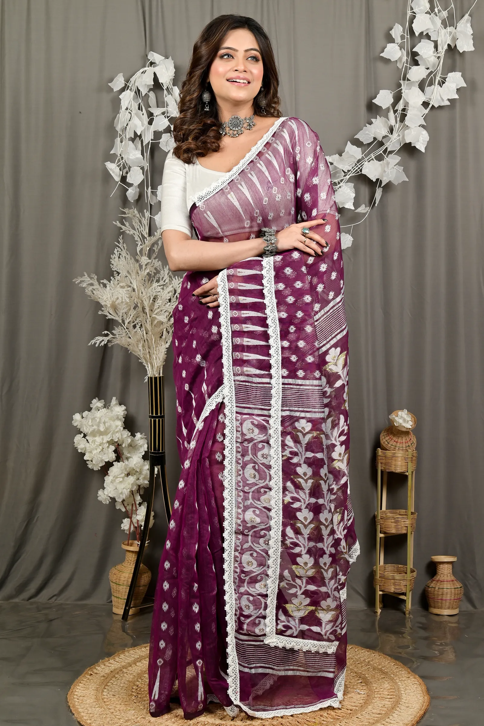 DipDiya Blended Cotton Purpel Fipui Traditional Bengali Jamdani Sarees