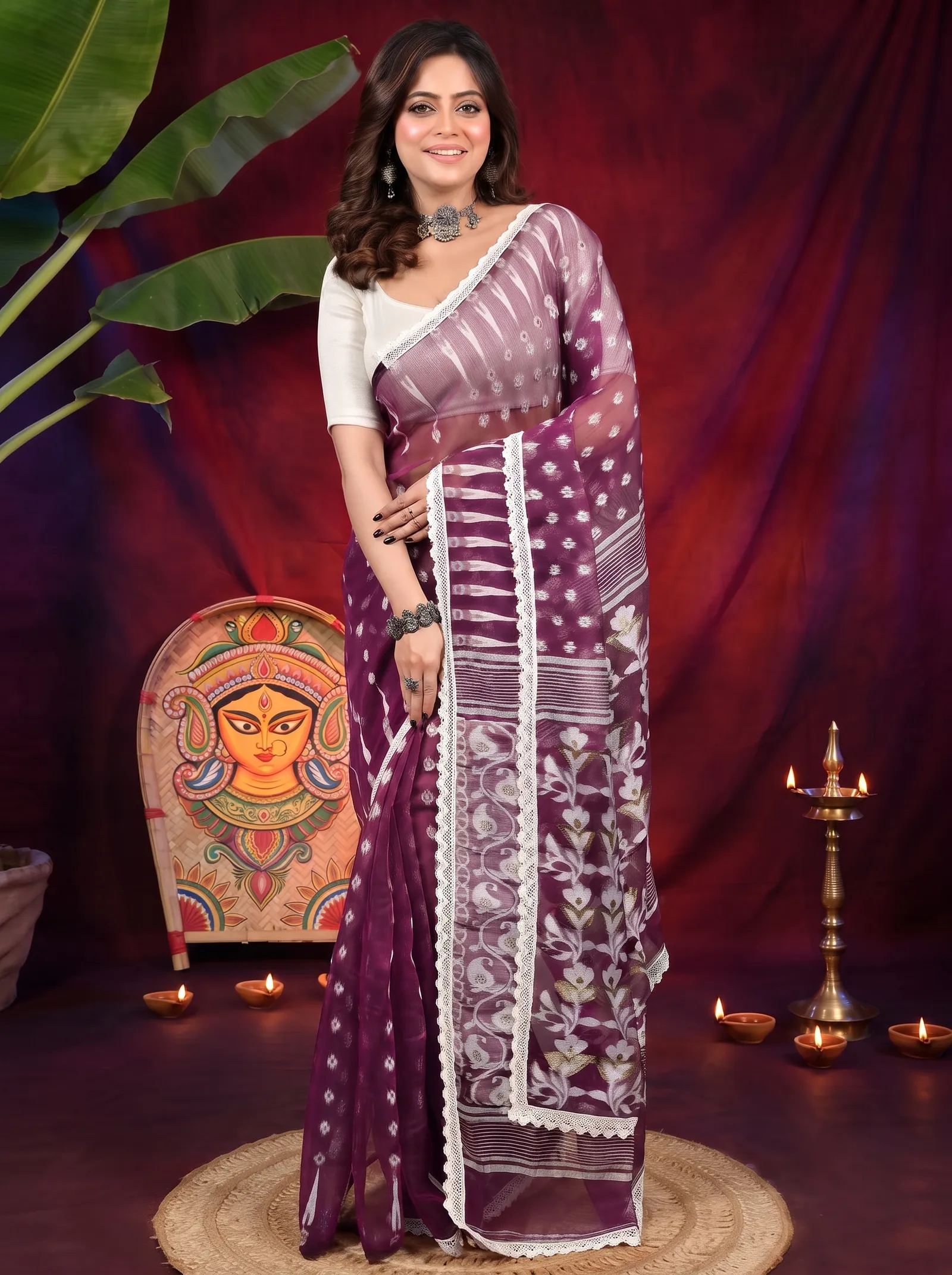 DipDiya Blended Cotton Purpel Fipui Traditional Bengali Jamdani Sarees