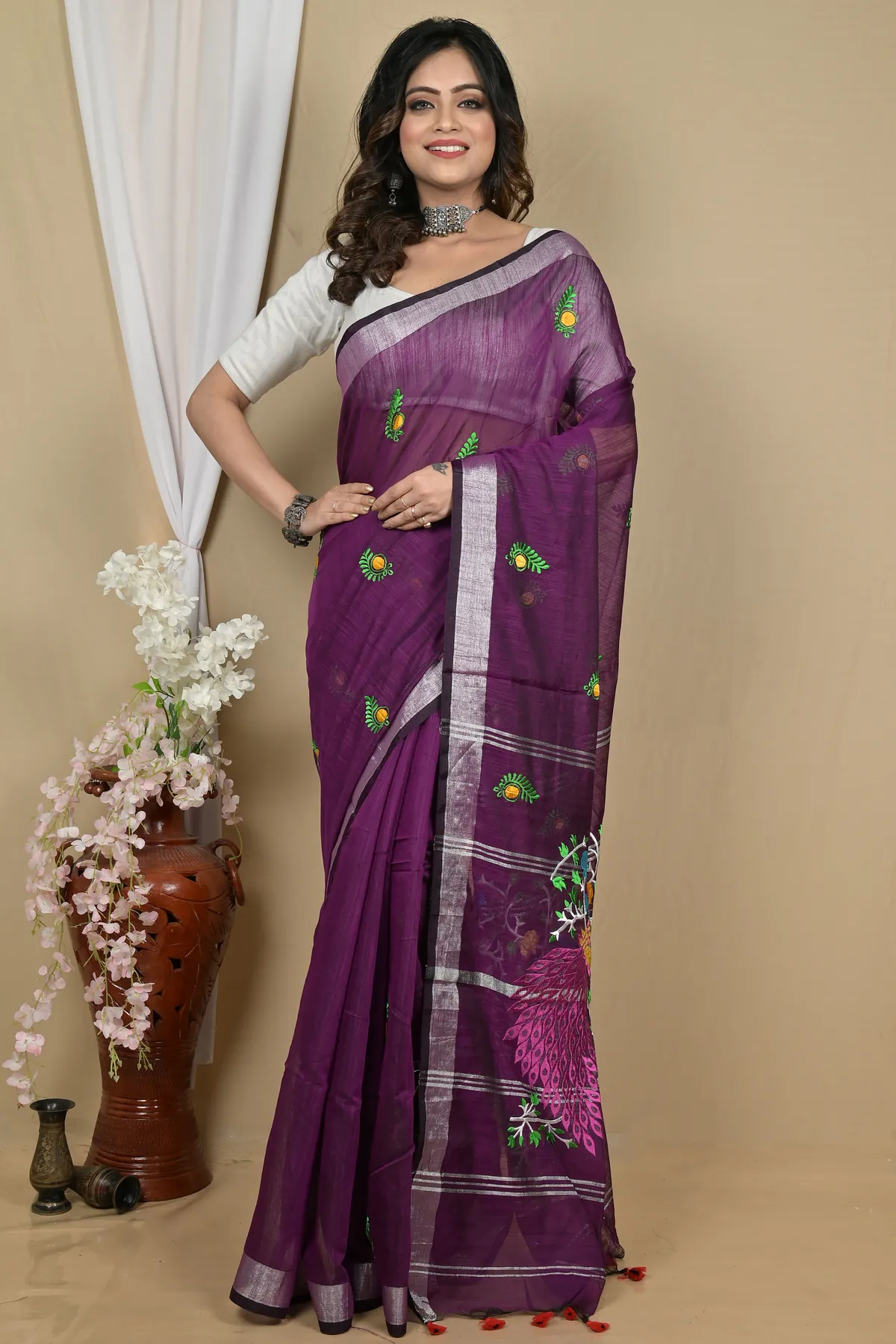 DipDiya Blended Cotton Purple Gijaa Bengal’s Legacy Embroidery Handloom sarees