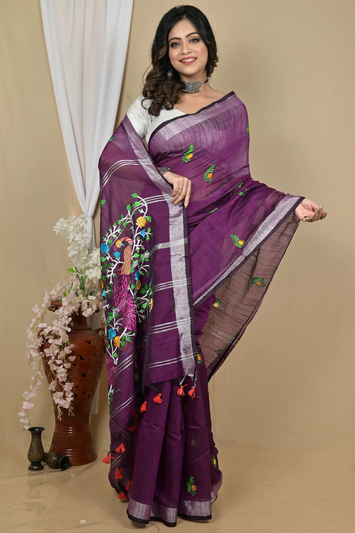 DipDiya Blended Cotton Purple Gijaa Bengal’s Legacy Embroidery Handloom sarees