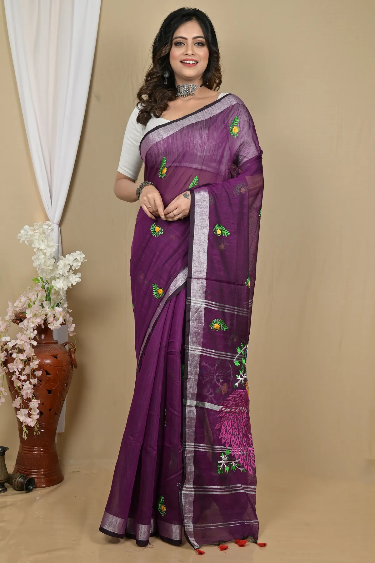 DipDiya Blended Cotton Purple Gijaa Bengal’s Legacy Embroidery Handloom sarees