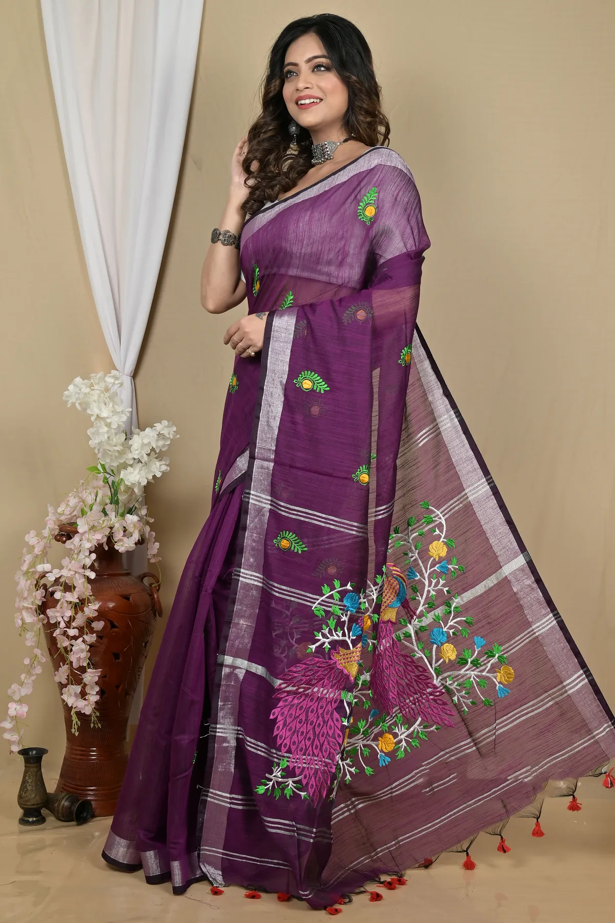 DipDiya Blended Cotton Purple Gijaa Bengal’s Legacy Embroidery Handloom sarees