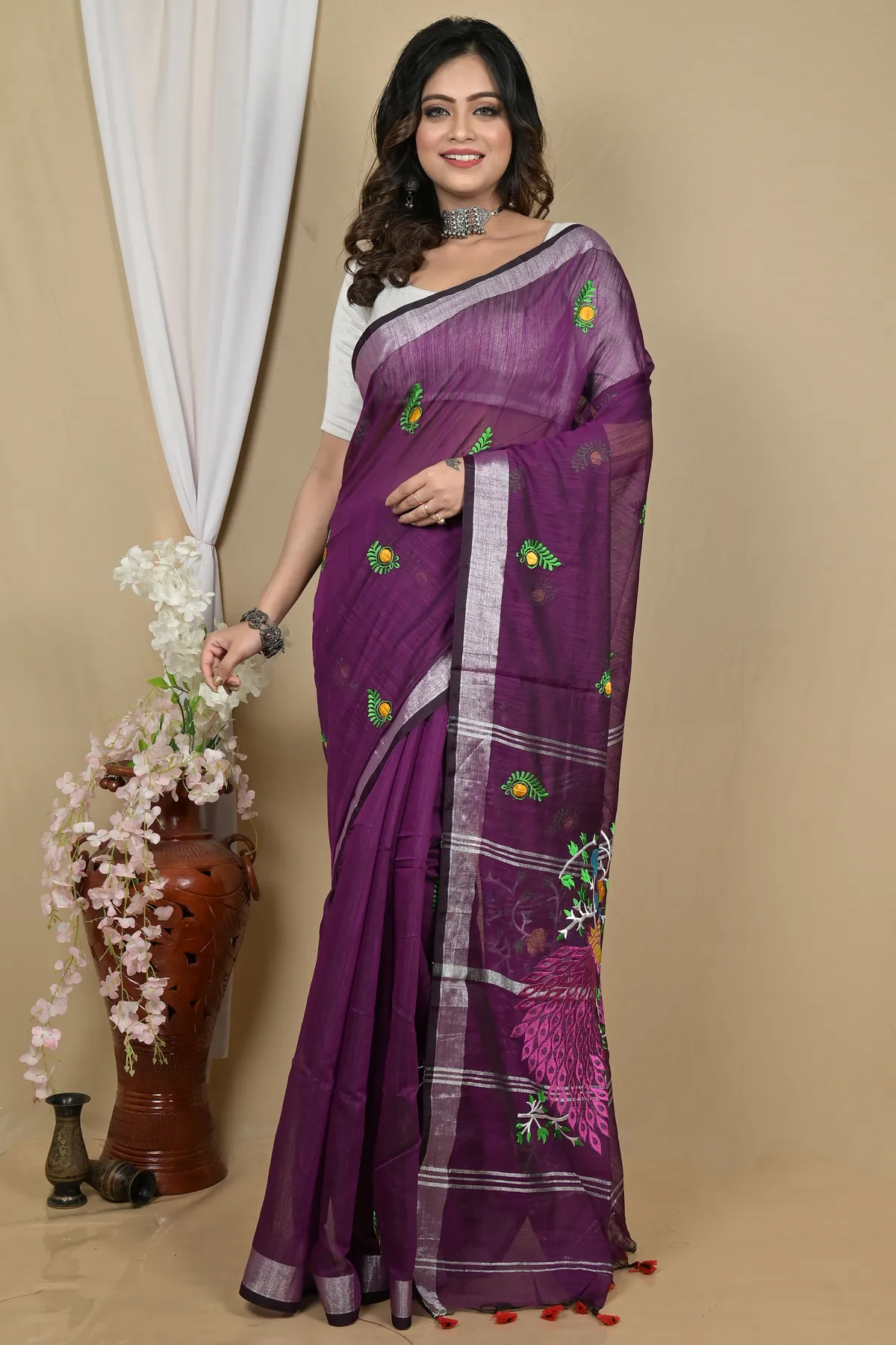 DipDiya Blended Cotton Purple Gijaa Bengal’s Legacy Embroidery Handloom sarees
