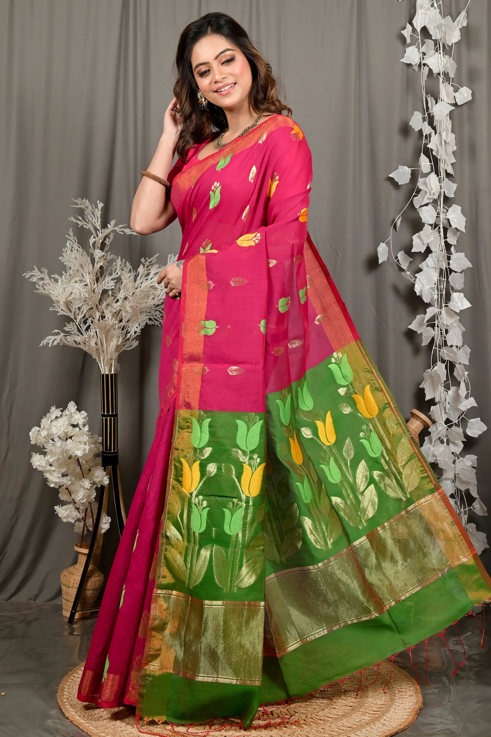 DipDiya Blended Cotton Purple Green Foyani Handloom Heritage Handloom Sarees