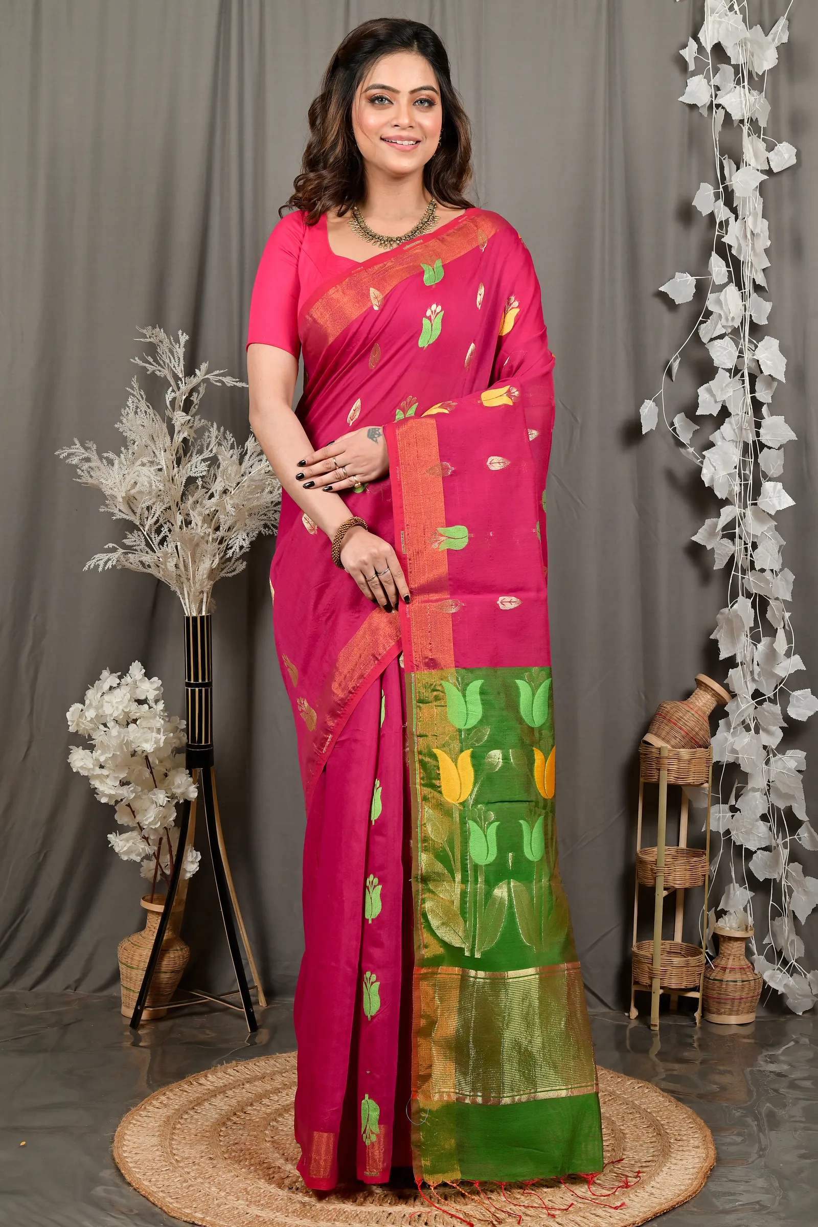 DipDiya Blended Cotton Purple Green Foyani Handloom Heritage Handloom Sarees
