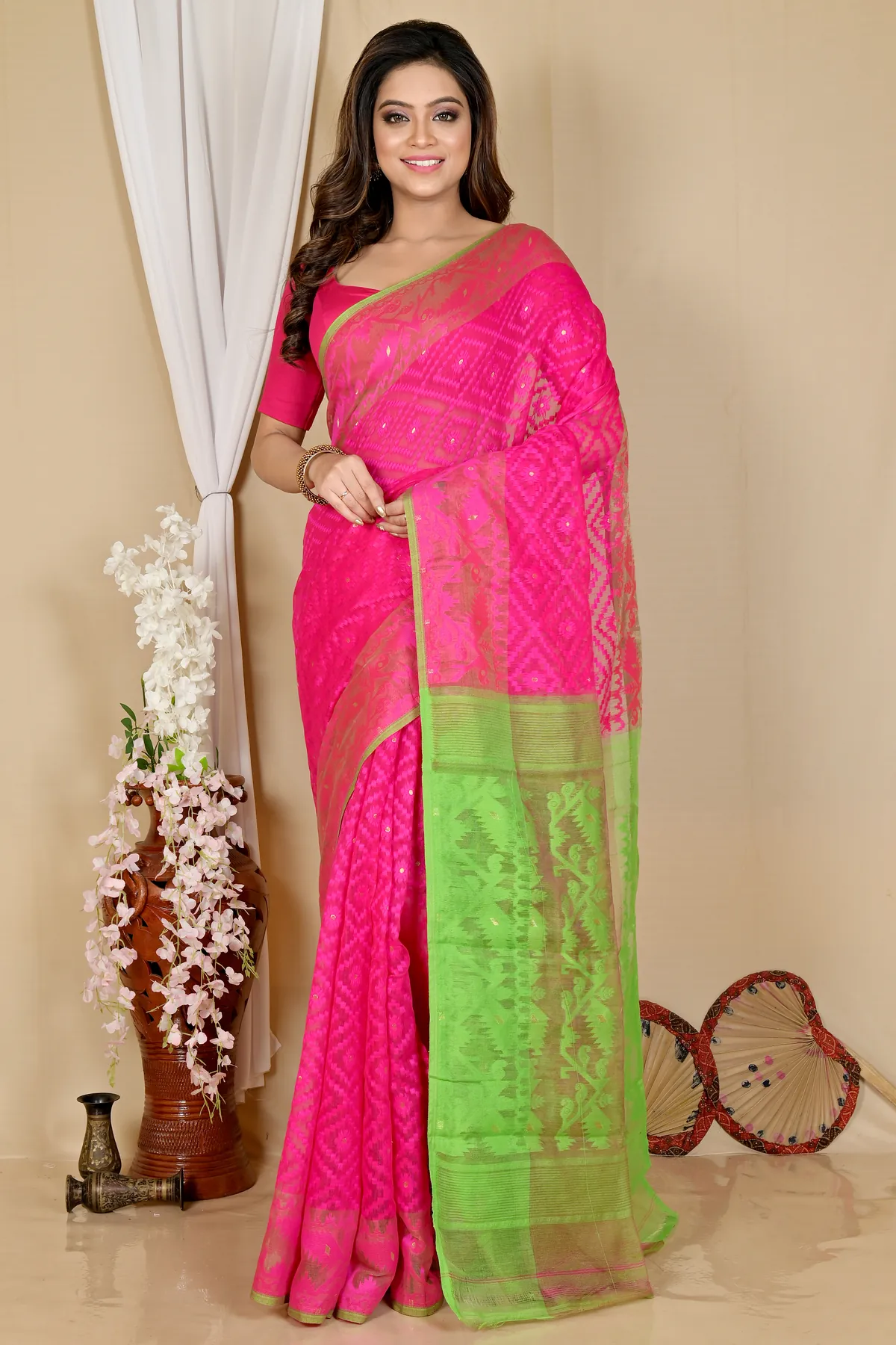 DipDiya Blended Cotton Purple Green Krokai Artisan Woven Jamdani Sarees
