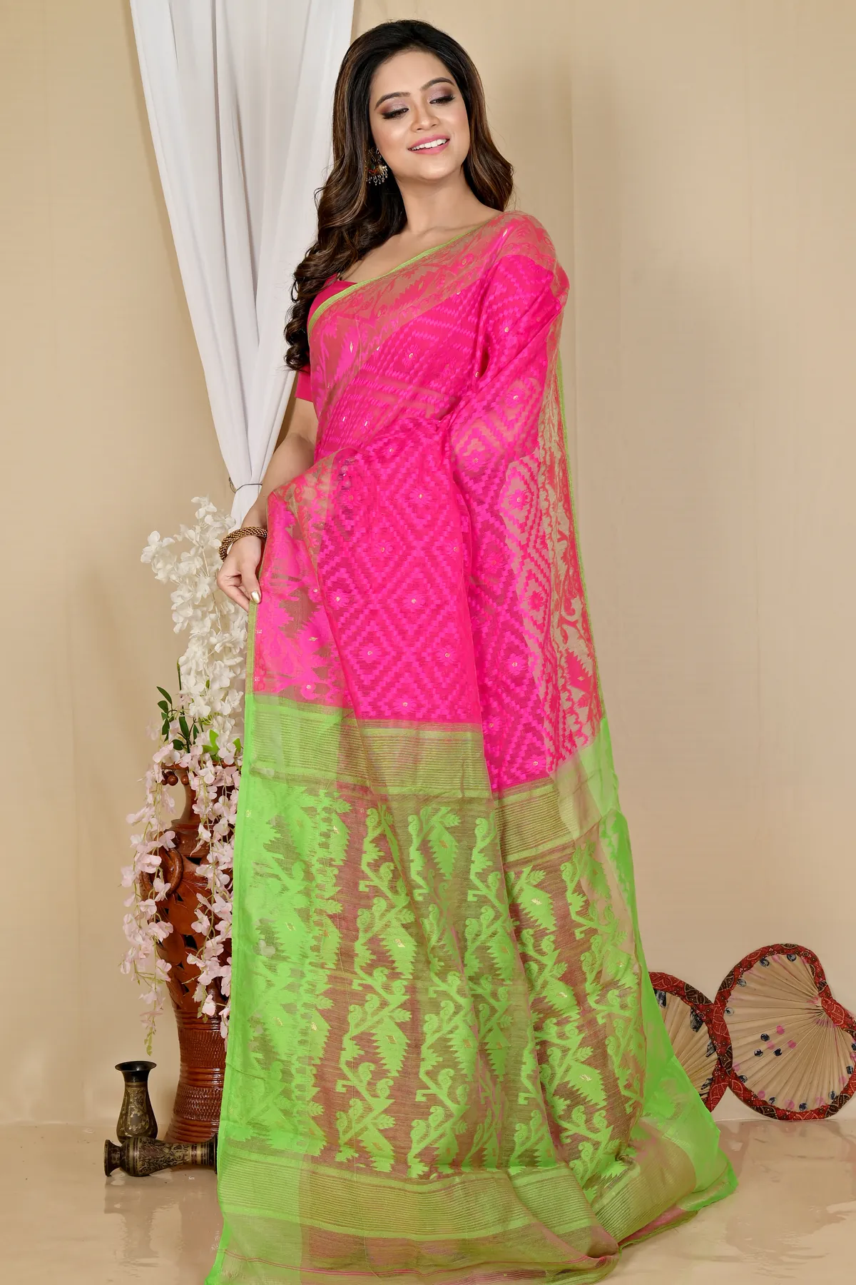 DipDiya Blended Cotton Purple Green Krokai Artisan Woven Jamdani Sarees