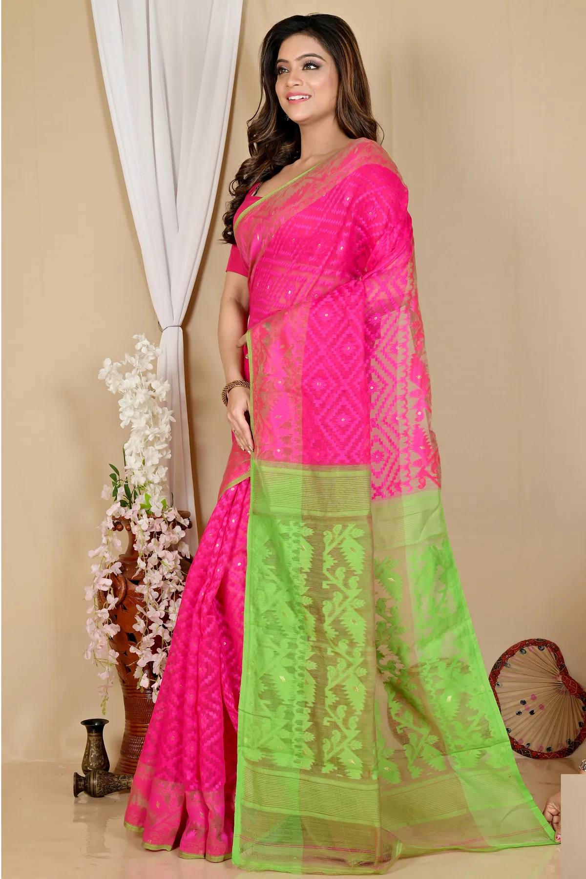 DipDiya Blended Cotton Purple Green Krokai Artisan Woven Jamdani Sarees