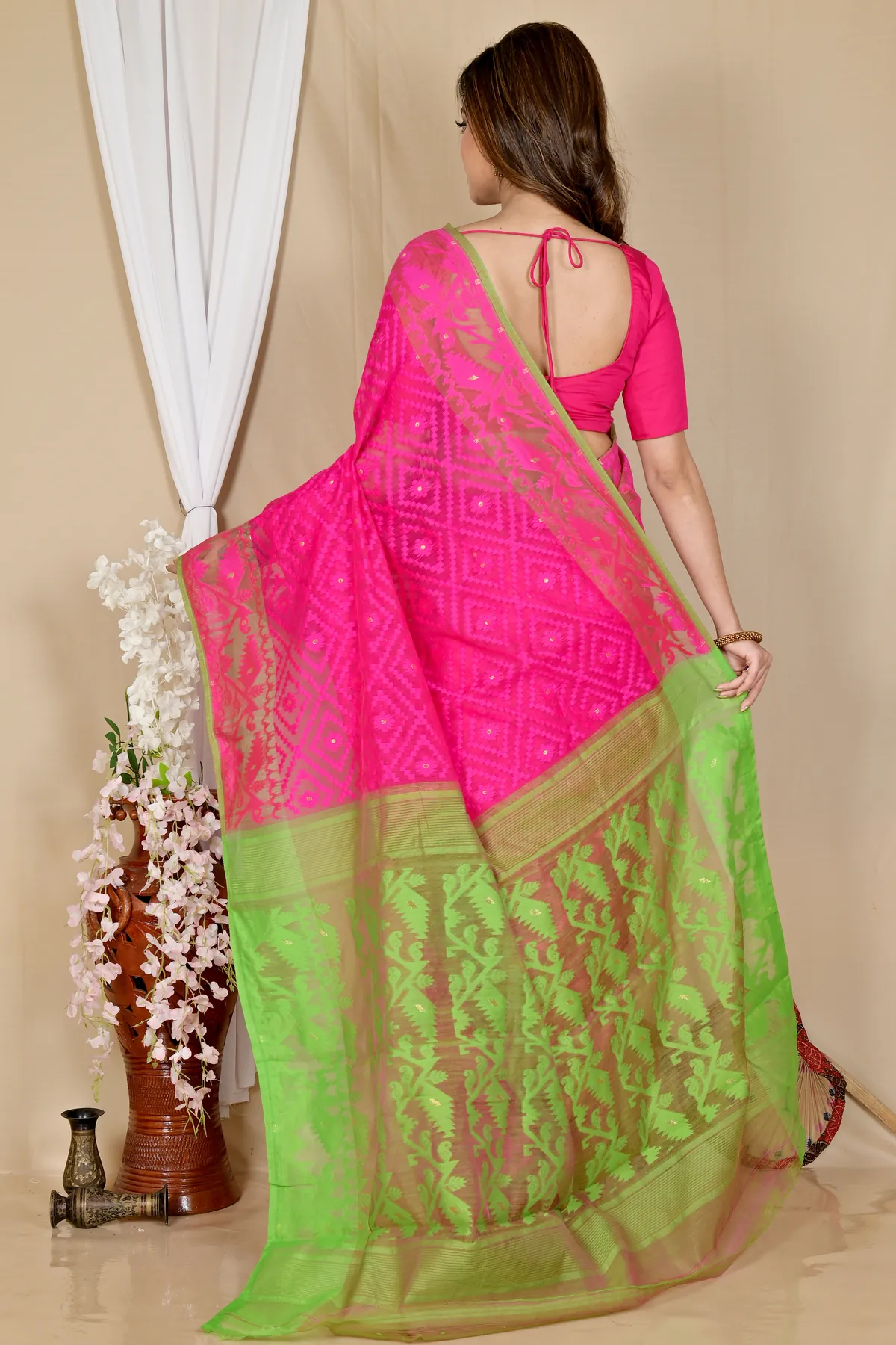 DipDiya Blended Cotton Purple Green Krokai Artisan Woven Jamdani Sarees