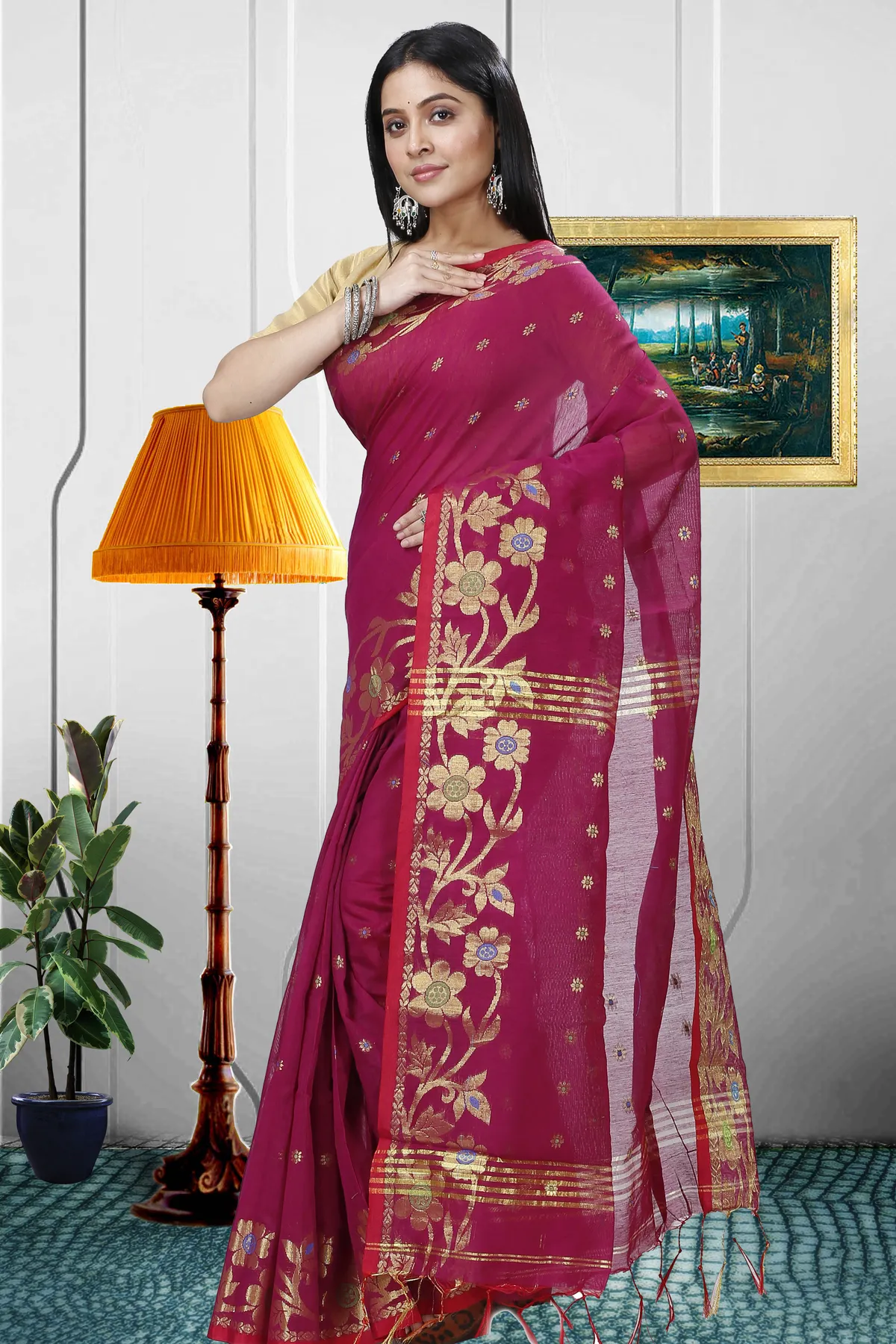 DipDiya Blended Cotton Purple Neel Regal Bengali Handloom Sarees