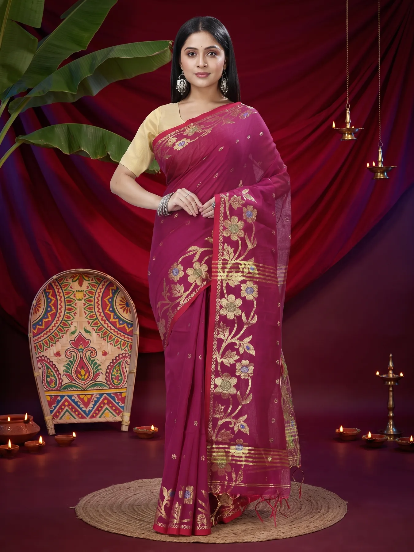 DipDiya Blended Cotton Purple Neel Regal Bengali Handloom Sarees
