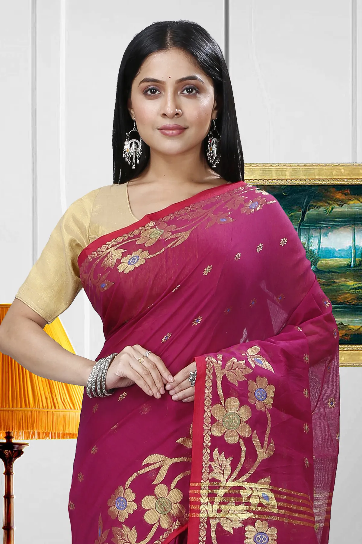 DipDiya Blended Cotton Purple Neel Regal Bengali Handloom Sarees