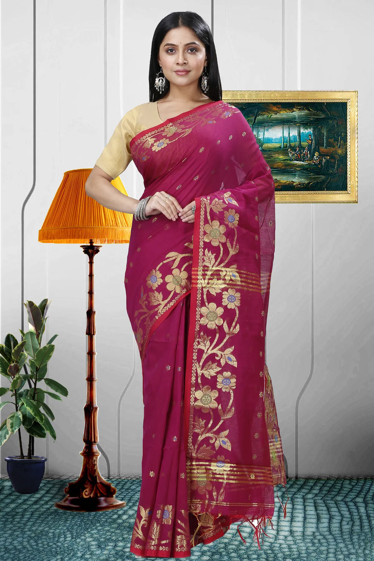 DipDiya Blended Cotton Purple Neel Regal Bengali Handloom Sarees
