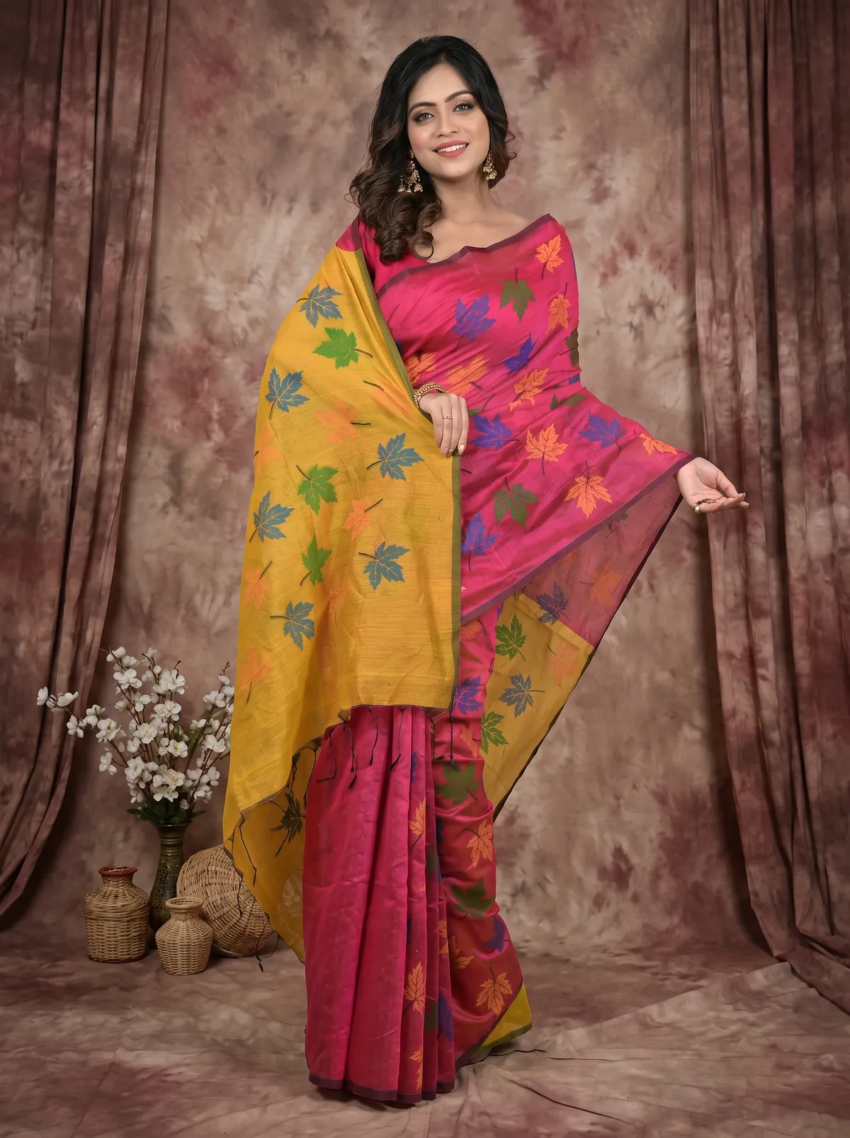 DipDiya Blended Cotton Rani Yellow Pisha Regal Bengali Handloom Sarees