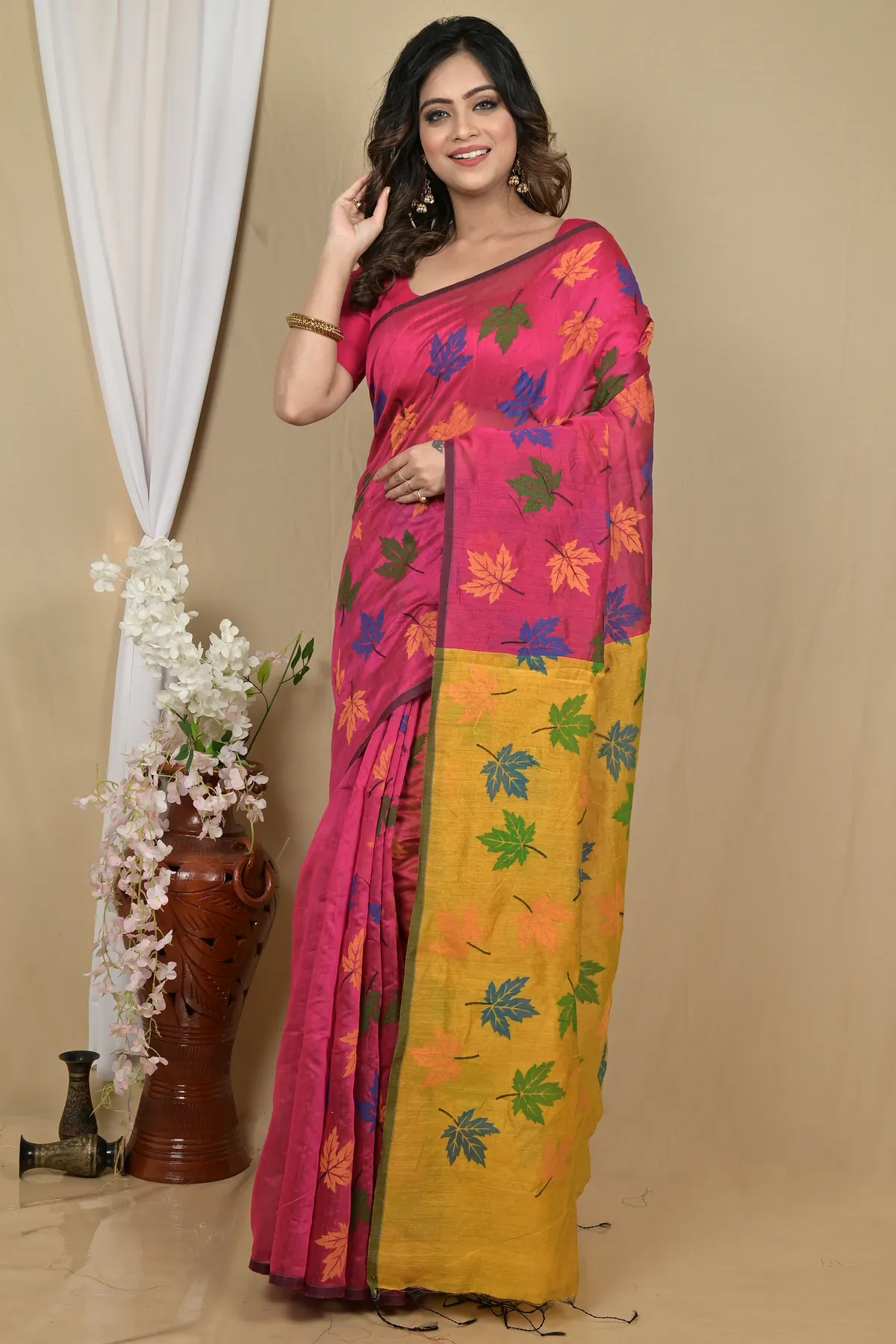 DipDiya Blended Cotton Rani Yellow Pisha Regal Bengali Handloom Sarees
