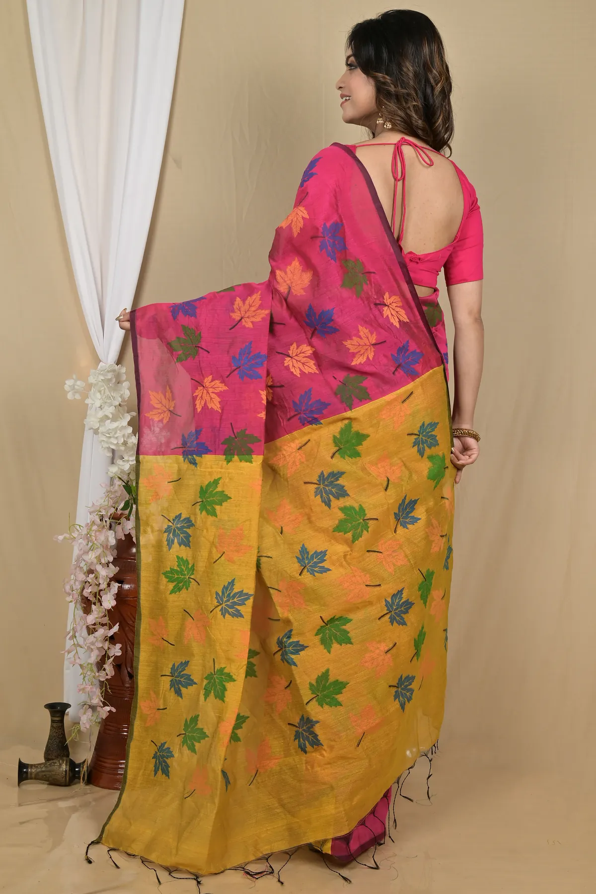 DipDiya Blended Cotton Rani Yellow Pisha Regal Bengali Handloom Sarees