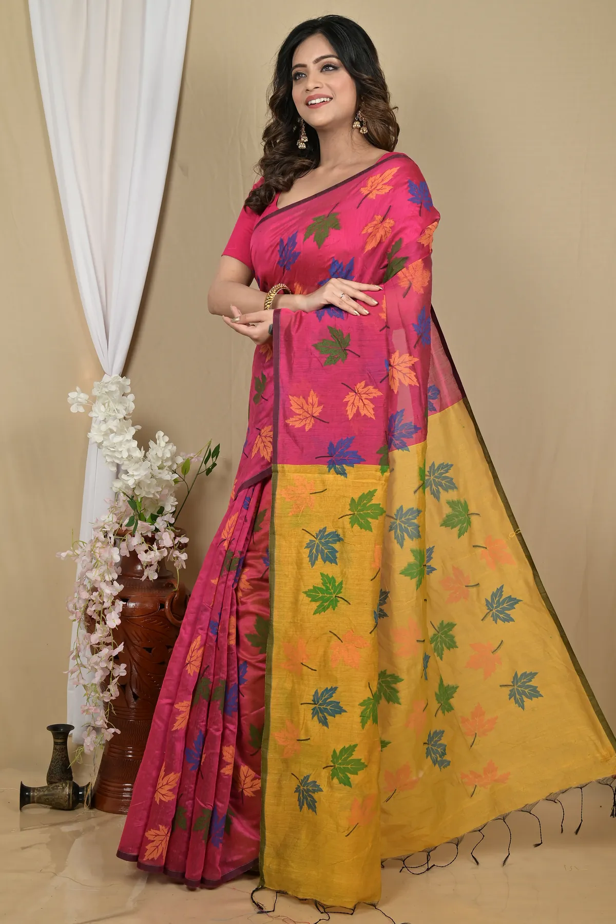 DipDiya Blended Cotton Rani Yellow Pisha Regal Bengali Handloom Sarees