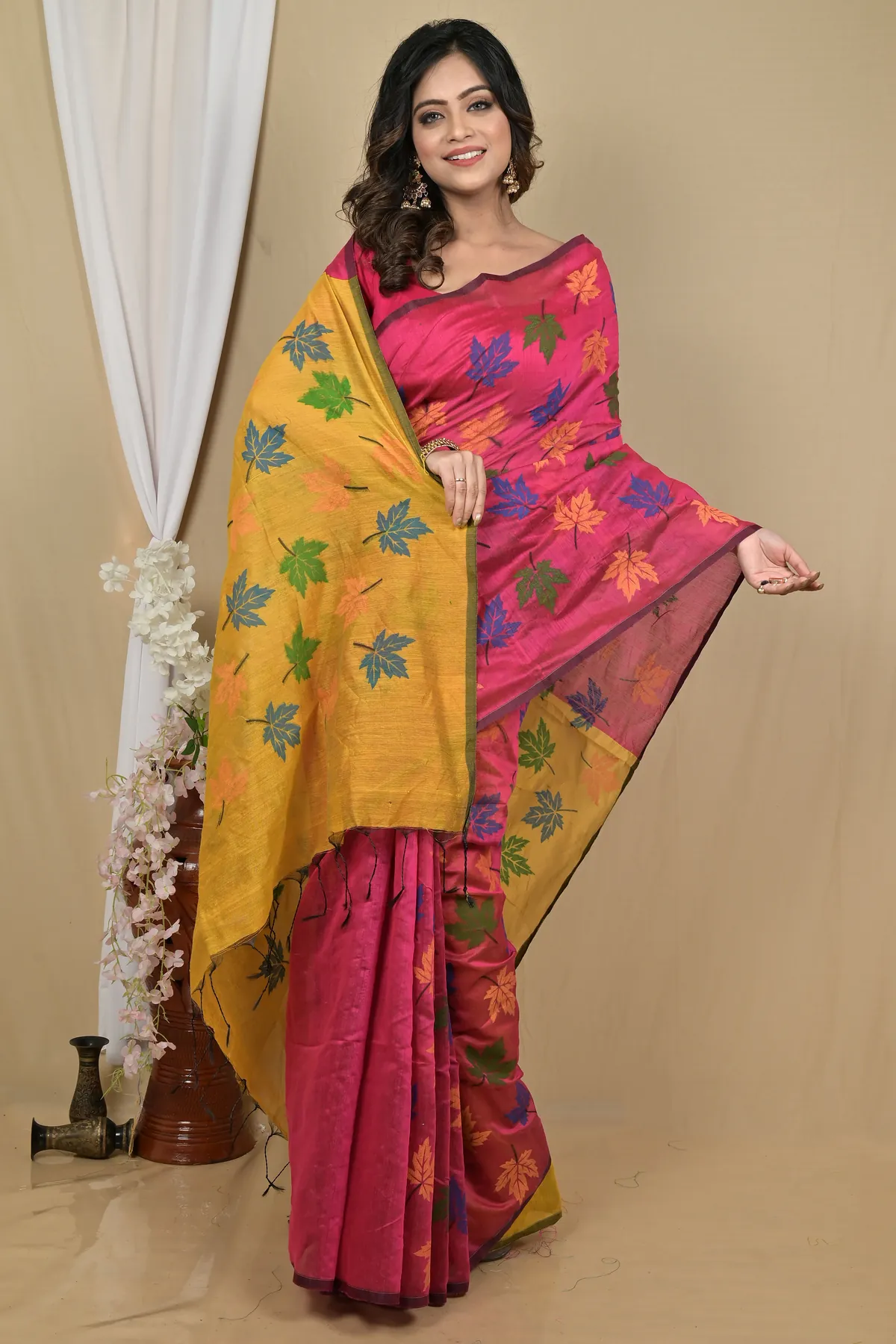 DipDiya Blended Cotton Rani Yellow Pisha Regal Bengali Handloom Sarees