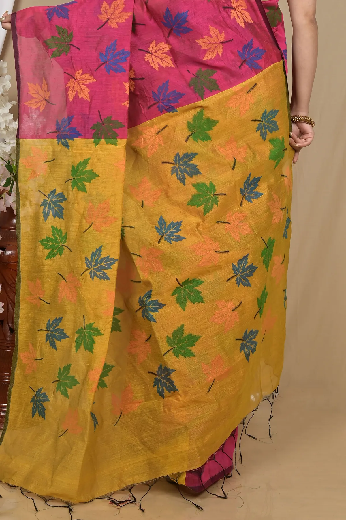DipDiya Blended Cotton Rani Yellow Pisha Regal Bengali Handloom Sarees