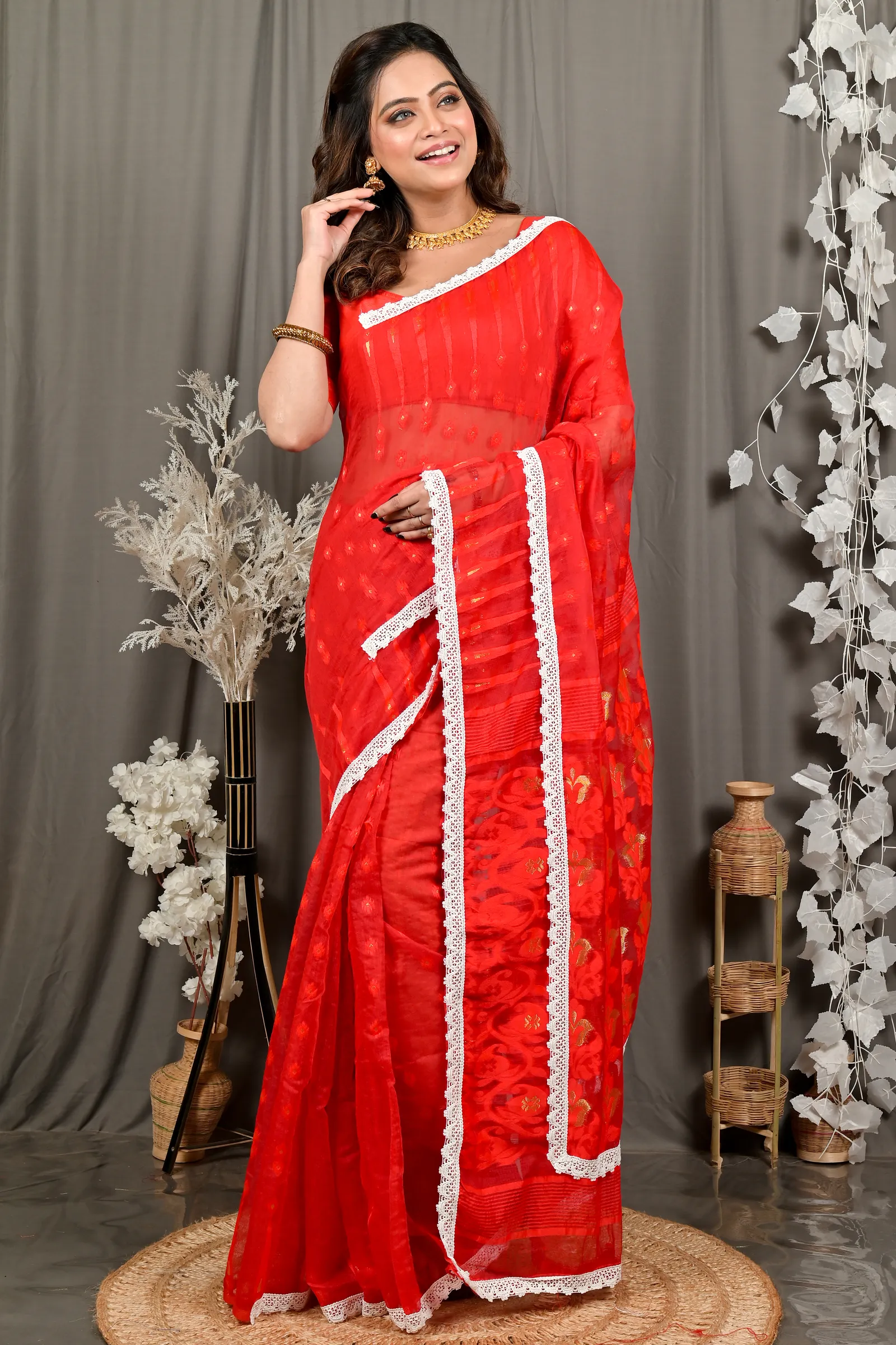 DipDiya Blended Cotton Red Fipui Artisan Woven Jamdani Sarees