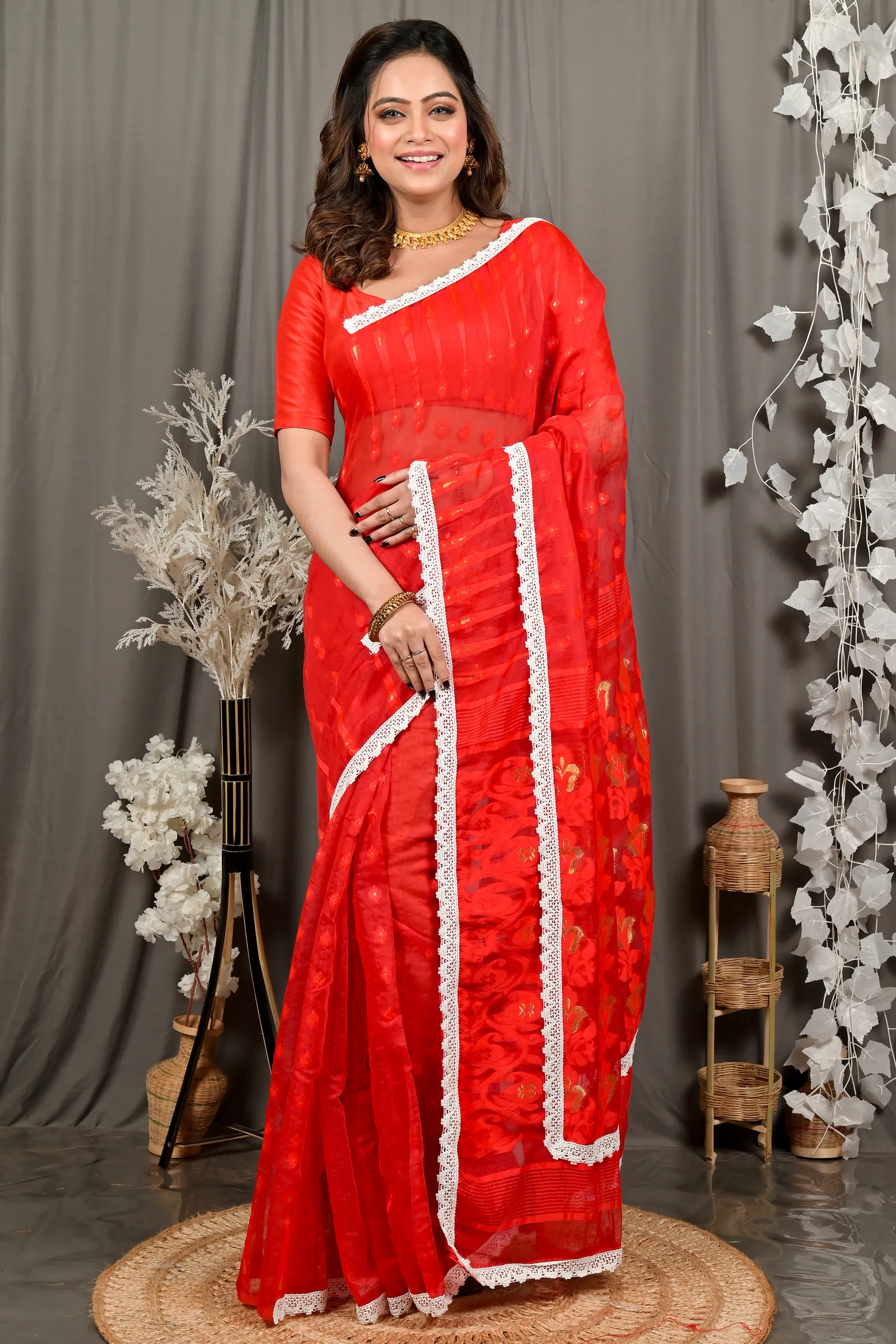 DipDiya Blended Cotton Red Fipui Artisan Woven Jamdani Sarees