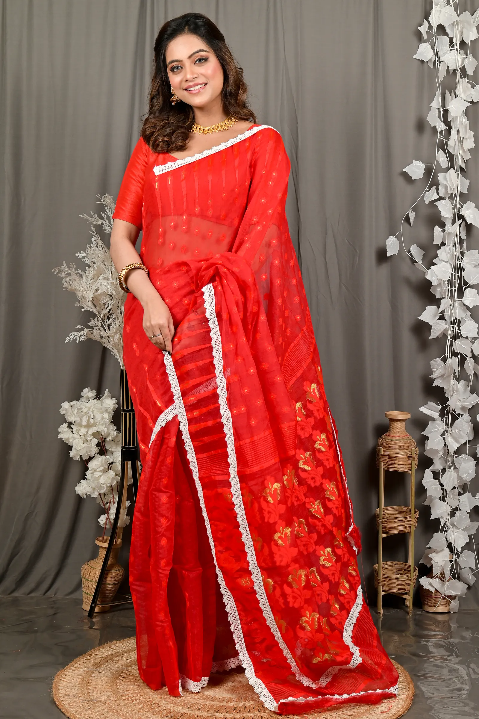 DipDiya Blended Cotton Red Fipui Artisan Woven Jamdani Sarees