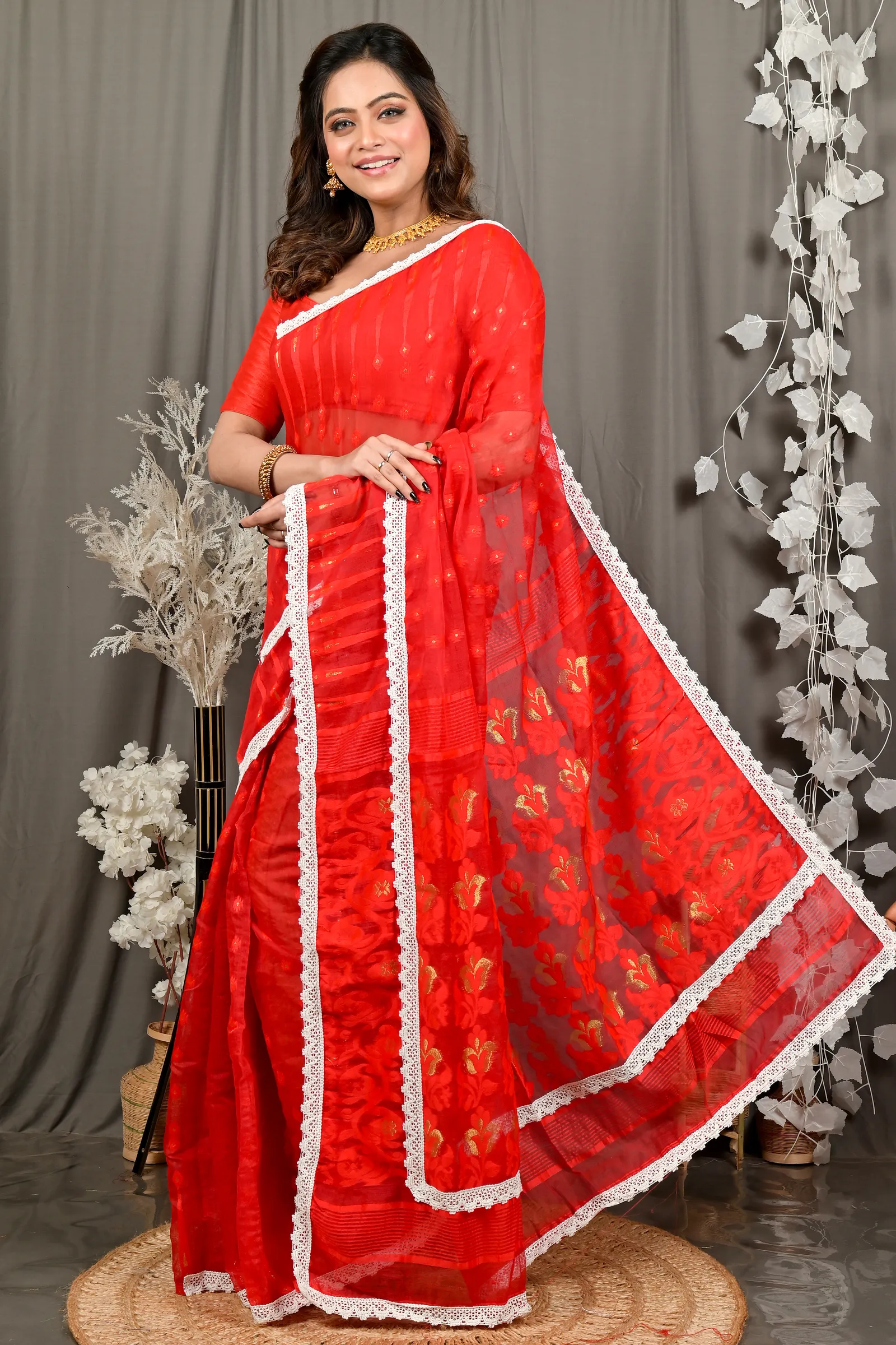 DipDiya Blended Cotton Red Fipui Artisan Woven Jamdani Sarees