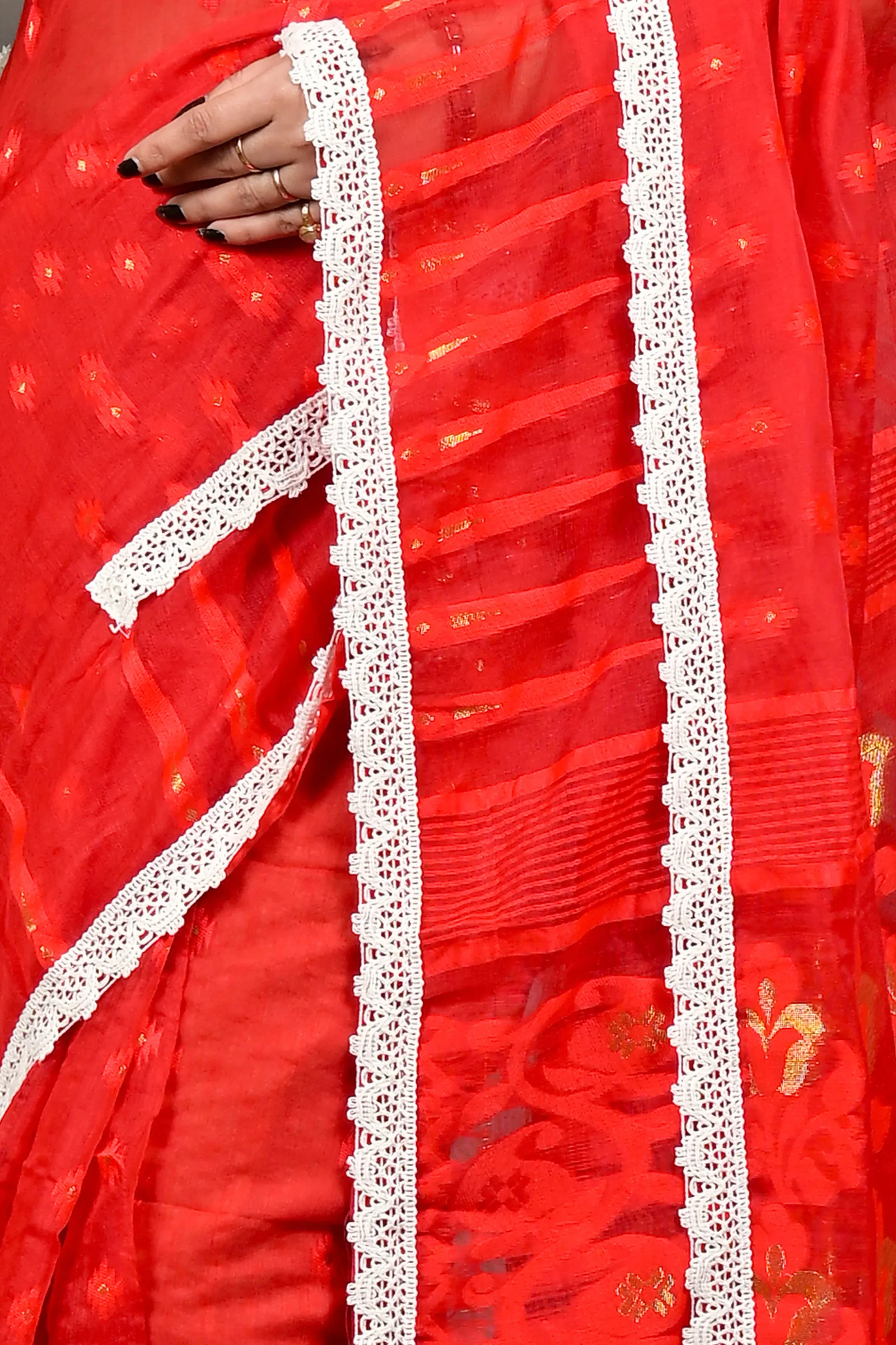 DipDiya Blended Cotton Red Fipui Artisan Woven Jamdani Sarees
