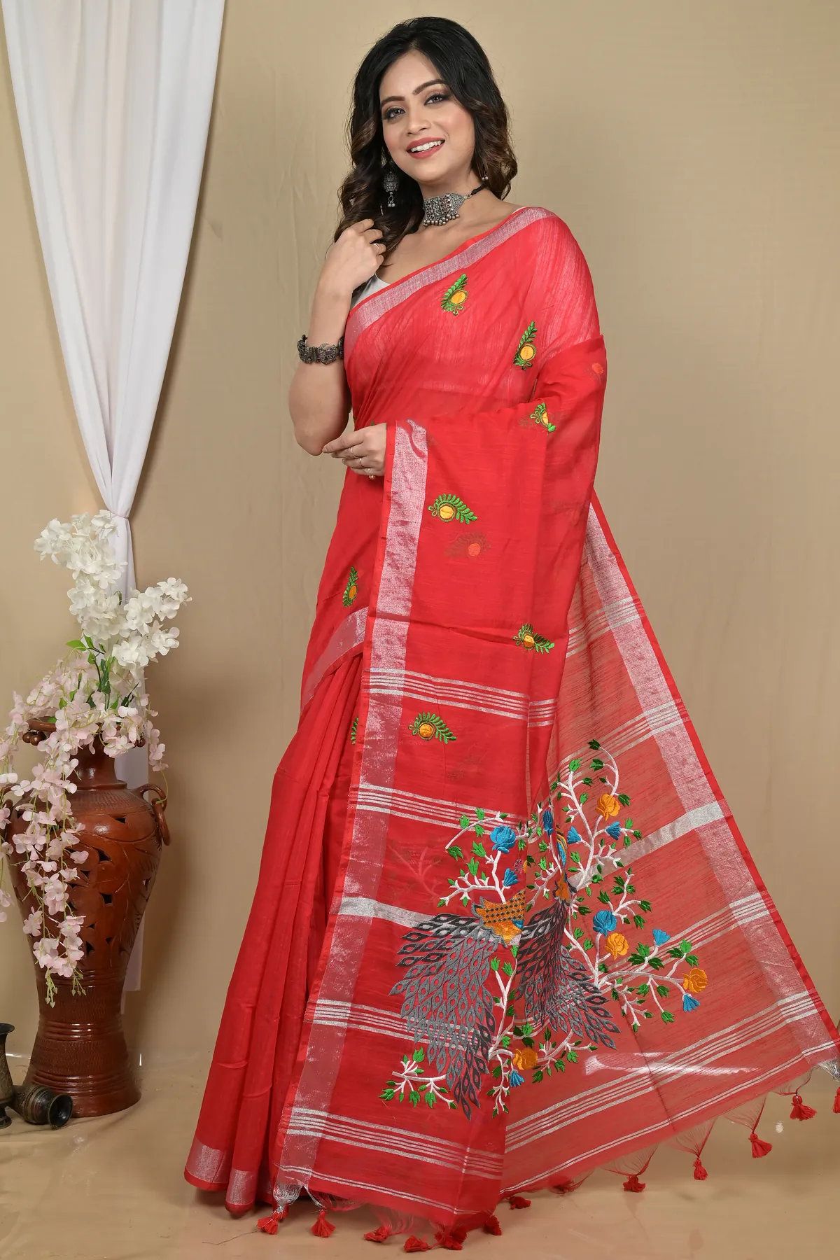 DipDiya Blended Cotton Red Gijaa Bengal’s Tradition Embroidery Handloom sarees