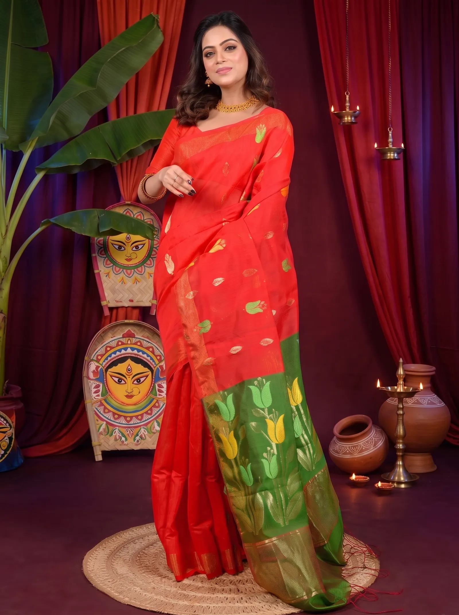 DipDiya Blended Cotton Red Green Foyani Grace of Bengal Handloom Sarees