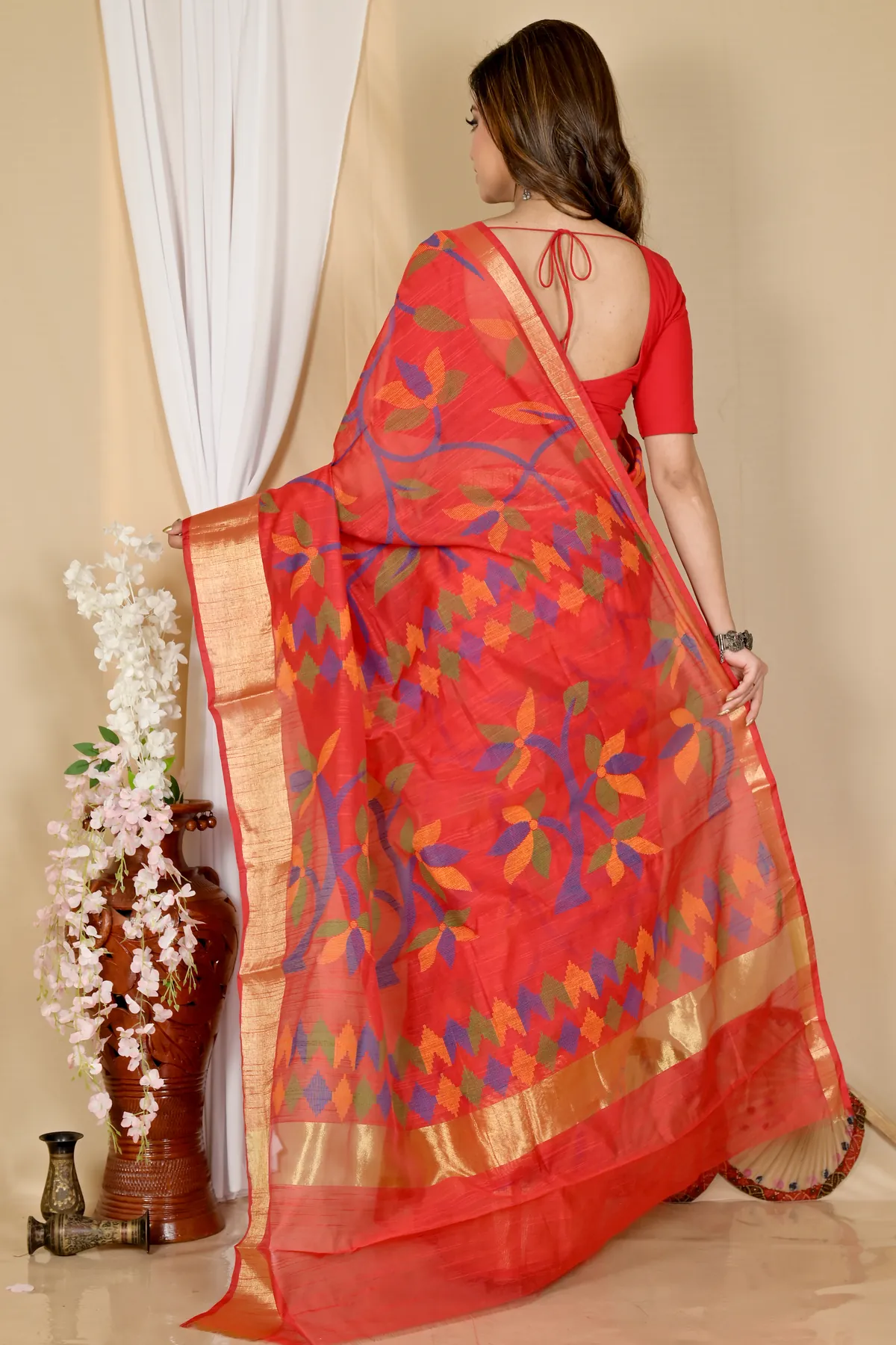 DipDiya Blended Cotton Red Narento Traditional Elegance Handloom Sarees