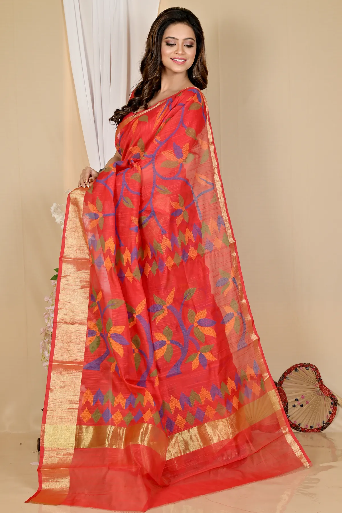 DipDiya Blended Cotton Red Narento Traditional Elegance Handloom Sarees