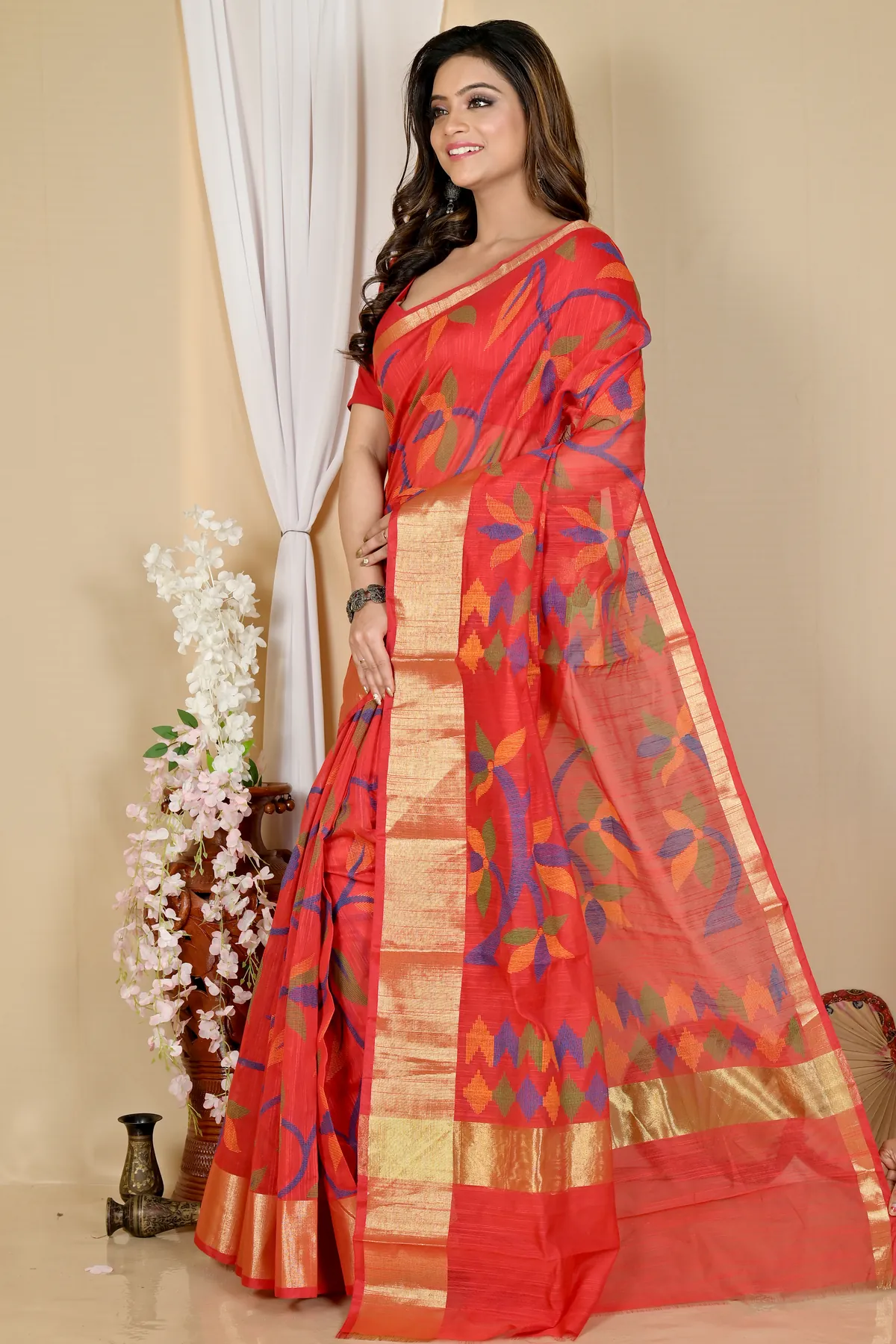 DipDiya Blended Cotton Red Narento Traditional Elegance Handloom Sarees