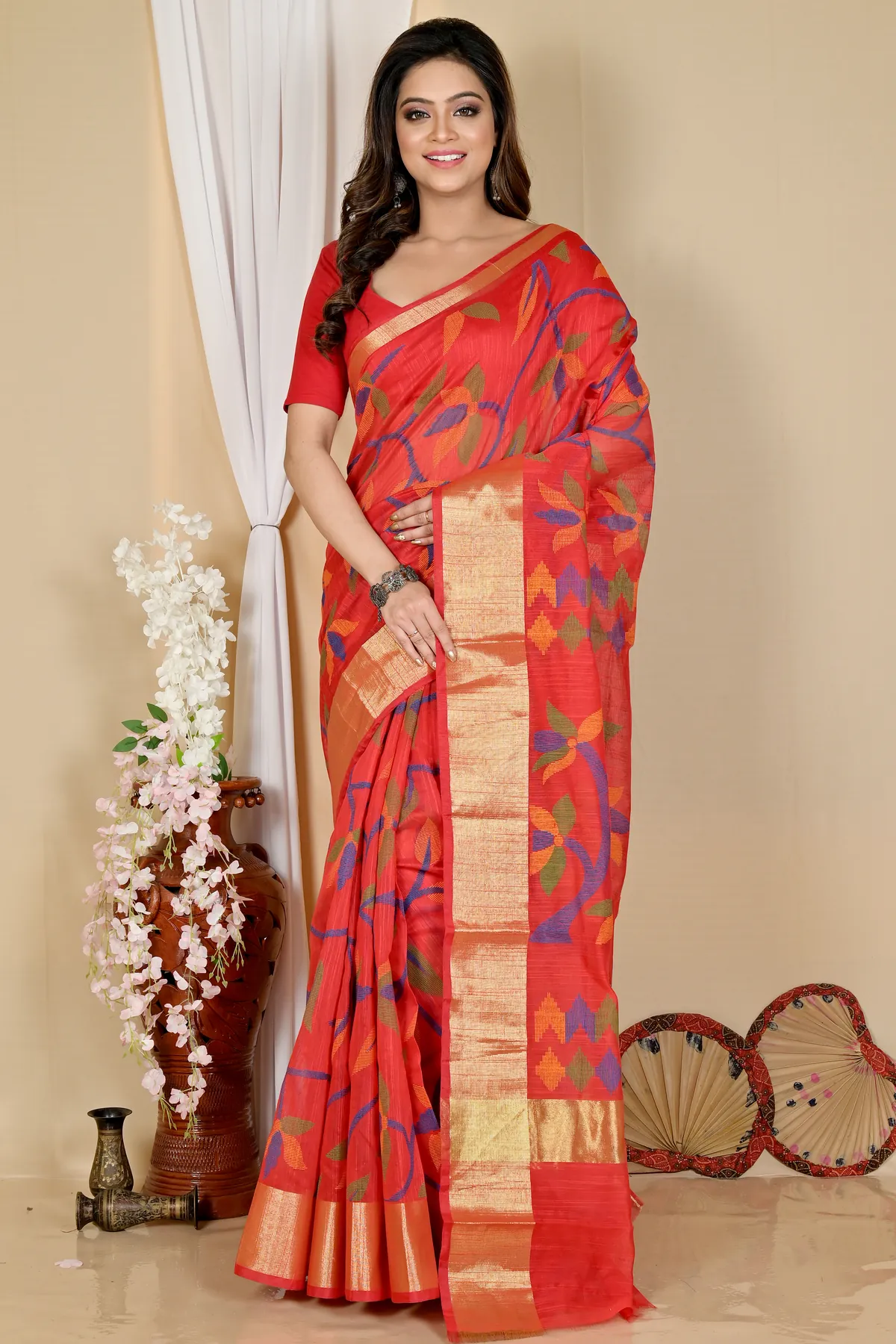 DipDiya Blended Cotton Red Narento Traditional Elegance Handloom Sarees