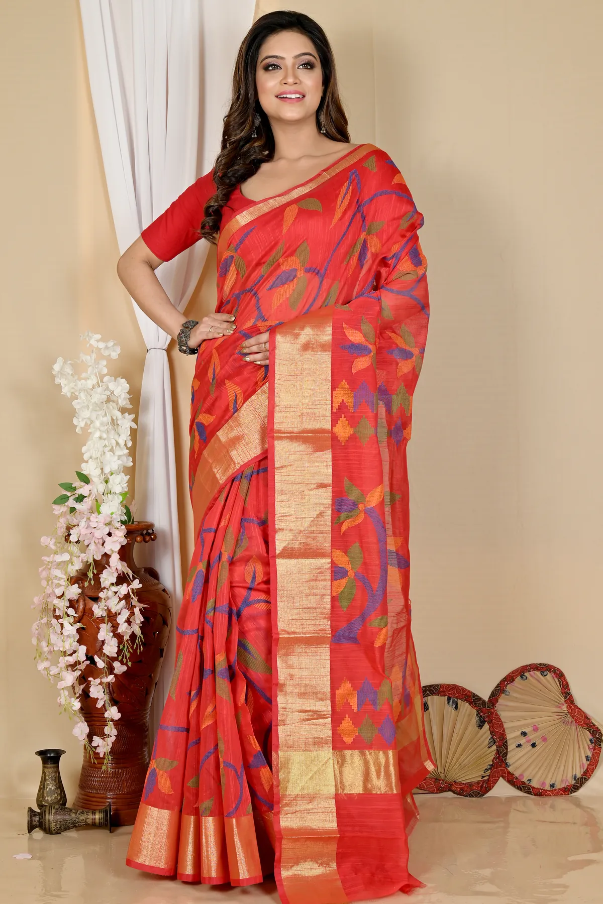 DipDiya Blended Cotton Red Narento Traditional Elegance Handloom Sarees