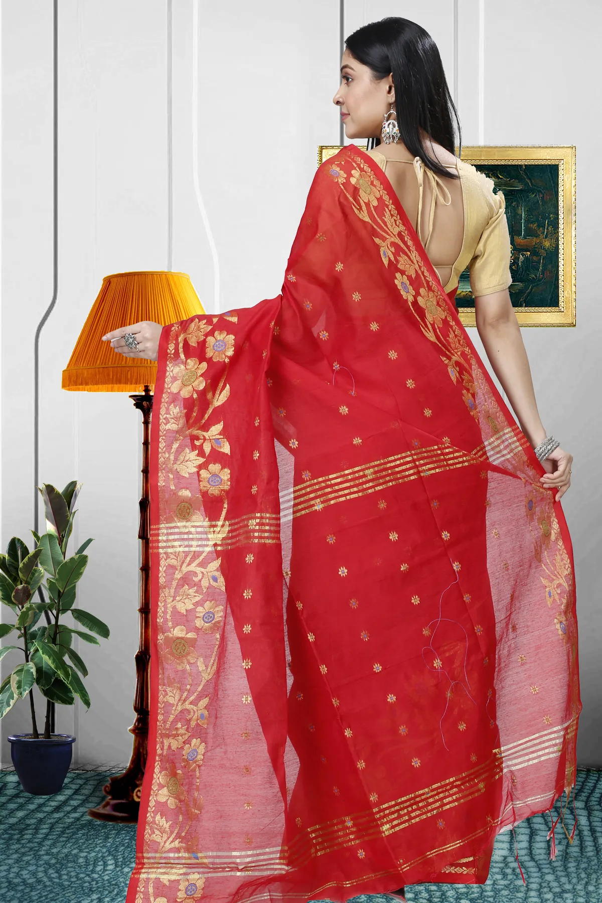 DipDiya Blended Cotton Red Neel Rooted in Bengal Handloom Sarees