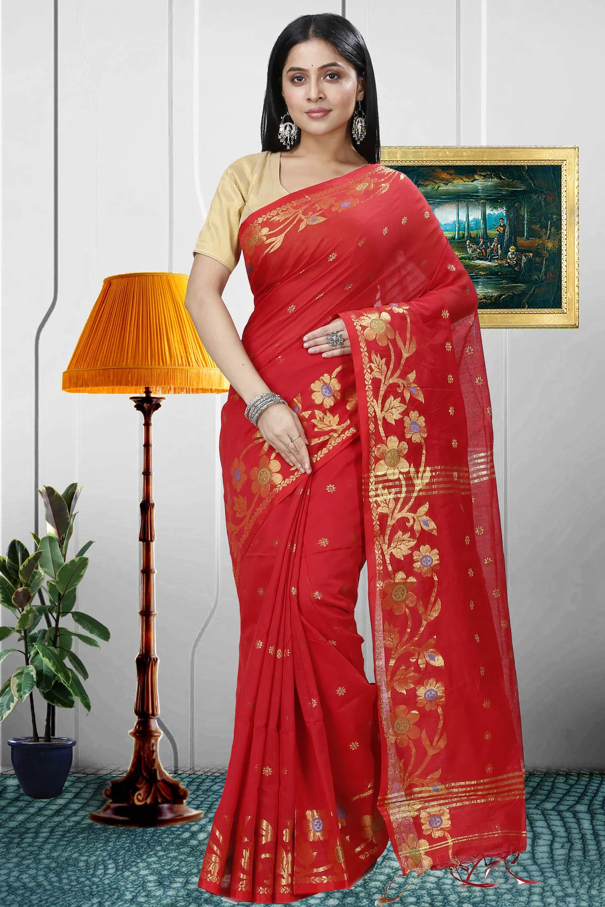 DipDiya Blended Cotton Red Neel Rooted in Bengal Handloom Sarees