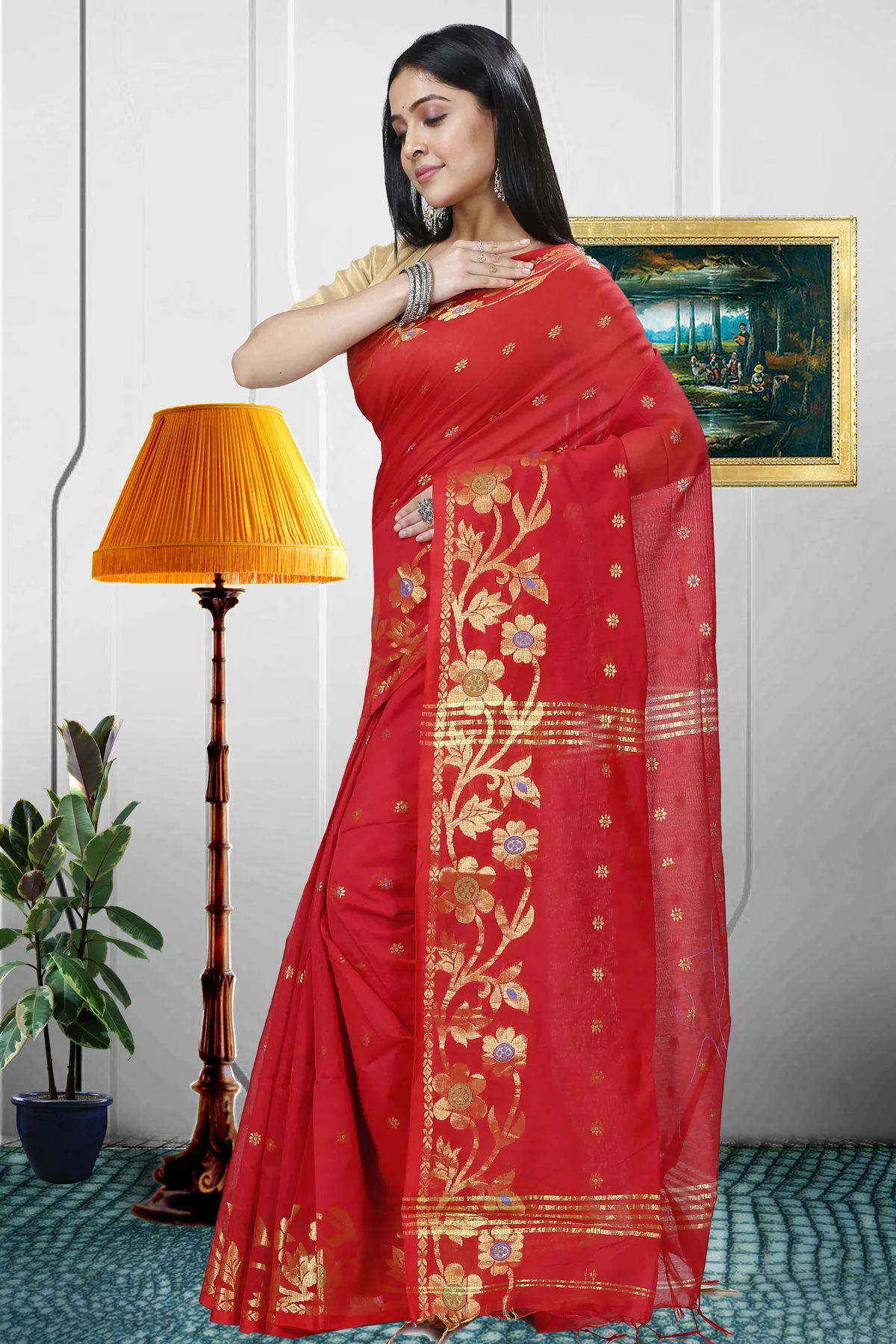 DipDiya Blended Cotton Red Neel Rooted in Bengal Handloom Sarees