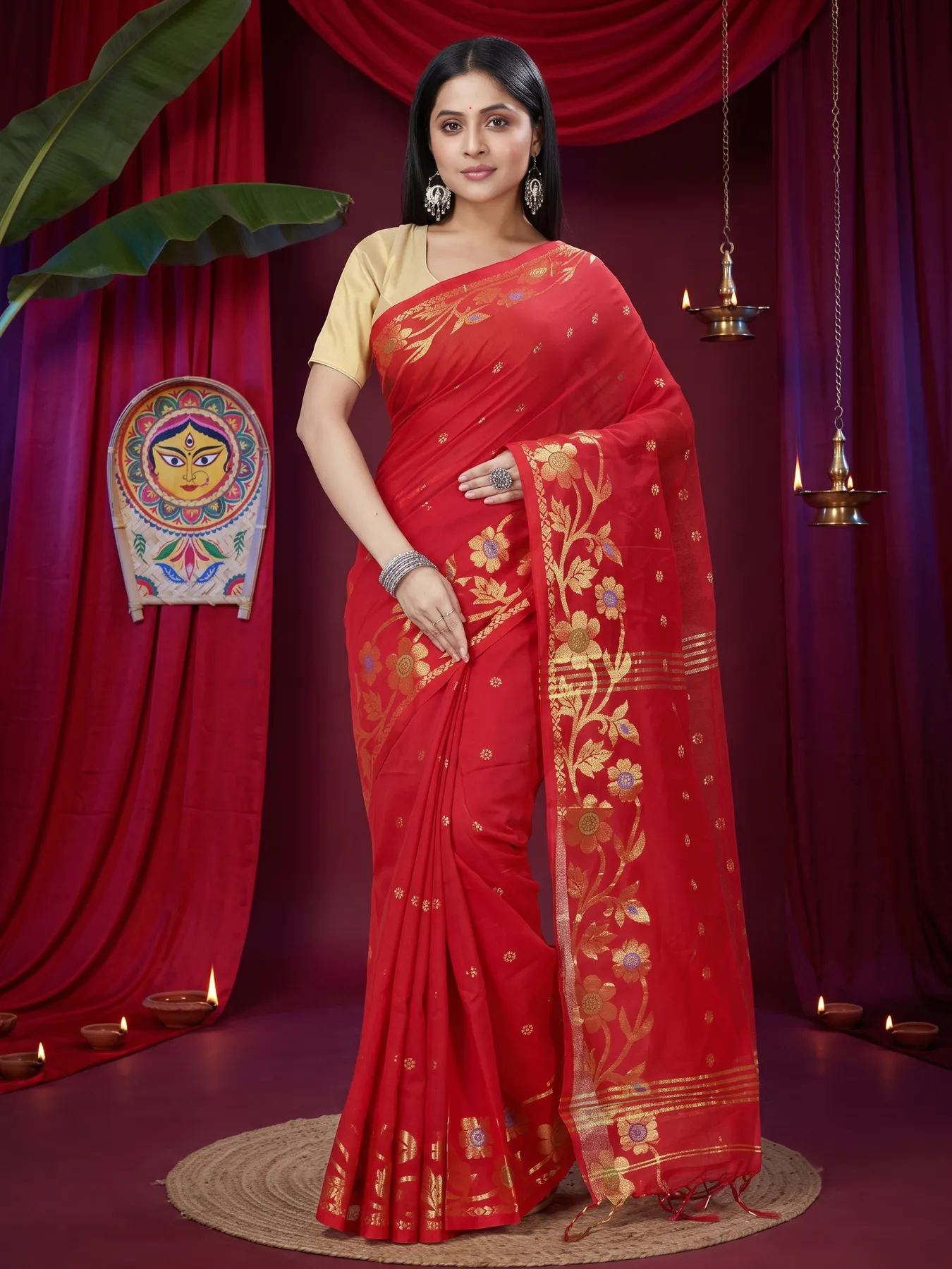 DipDiya Blended Cotton Red Neel Rooted in Bengal Handloom Sarees