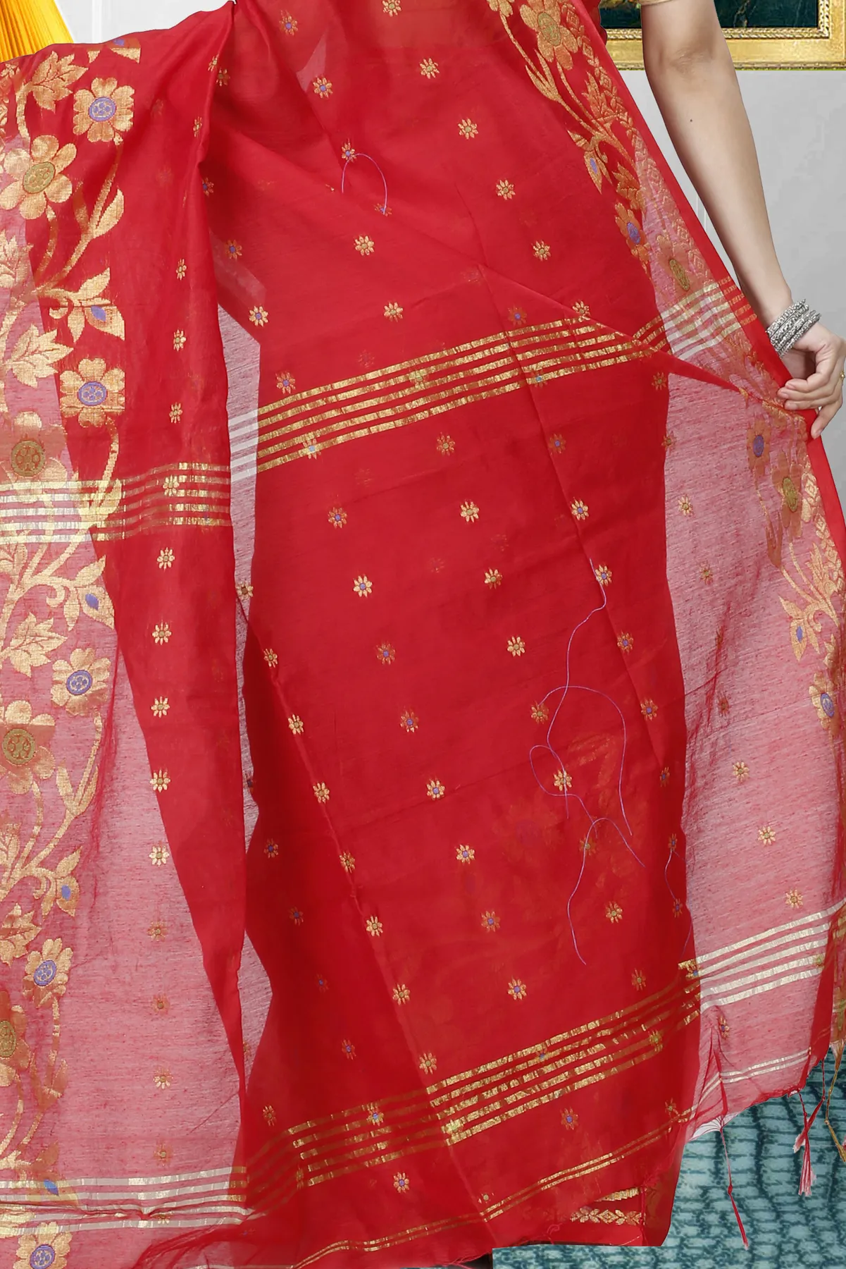DipDiya Blended Cotton Red Neel Rooted in Bengal Handloom Sarees