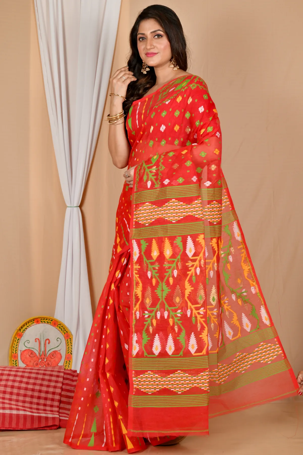 DipDiya Blended Cotton Red Rapkol Threads of Tradition Jamdani Sarees