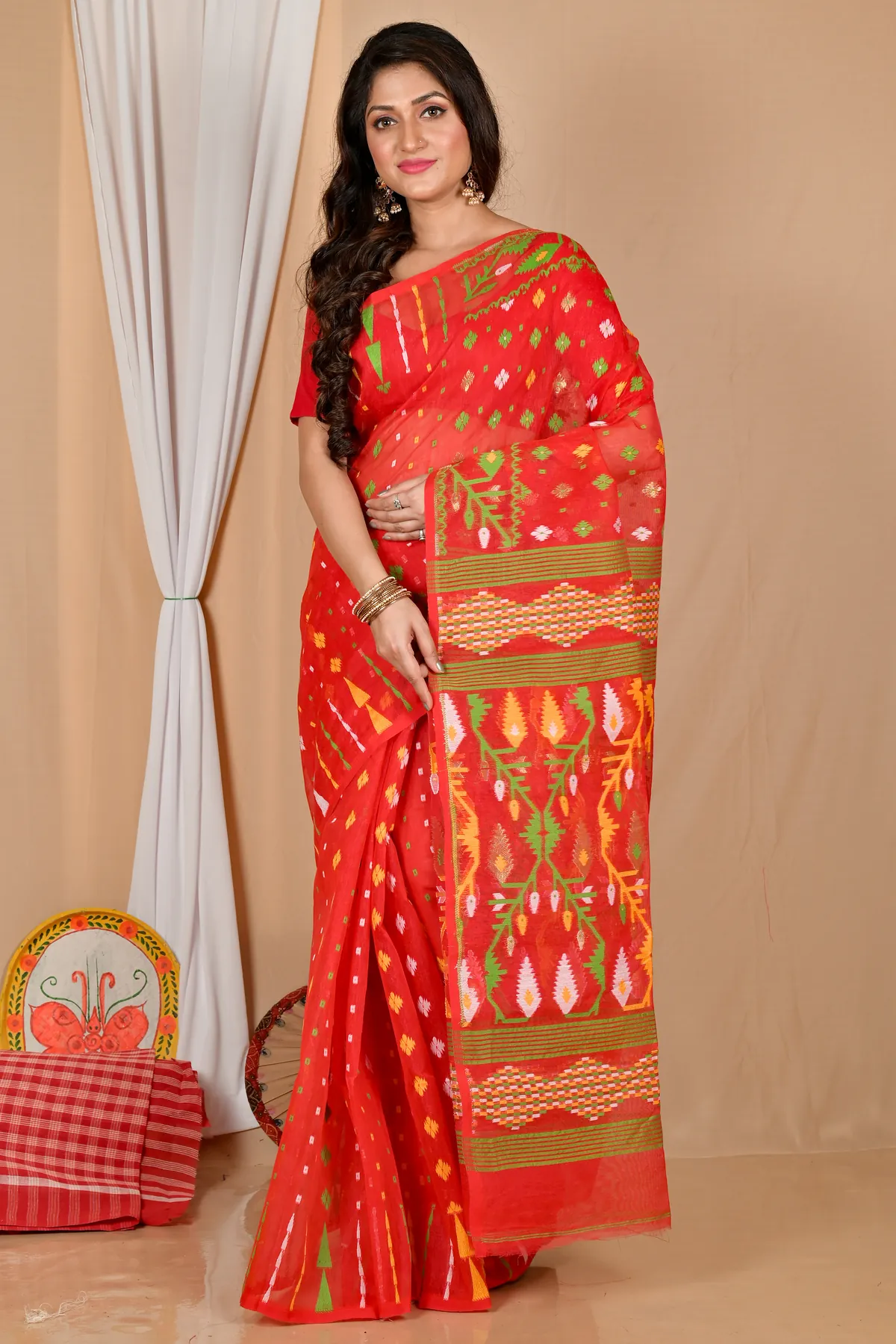 DipDiya Blended Cotton Red Rapkol Threads of Tradition Jamdani Sarees