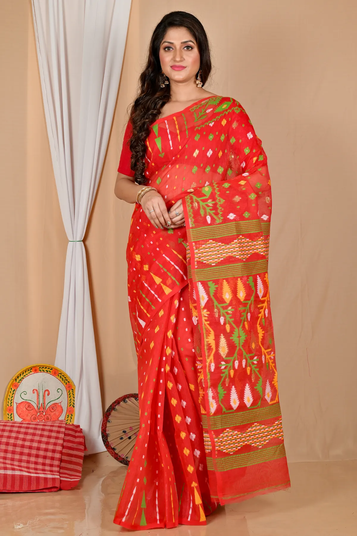 DipDiya Blended Cotton Red Rapkol Threads of Tradition Jamdani Sarees